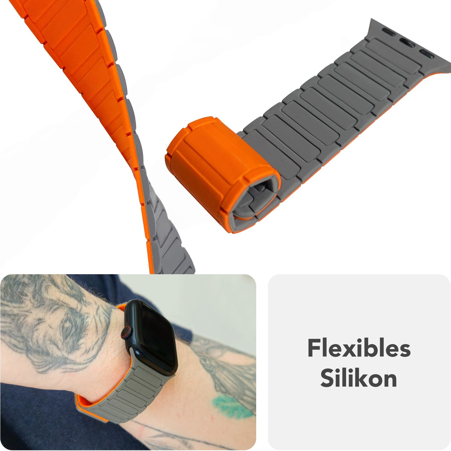 Orangenes und graues Uhrenarmband. Das Band ist aus Silikon und flexibel. Text: Flexibles Silikon.