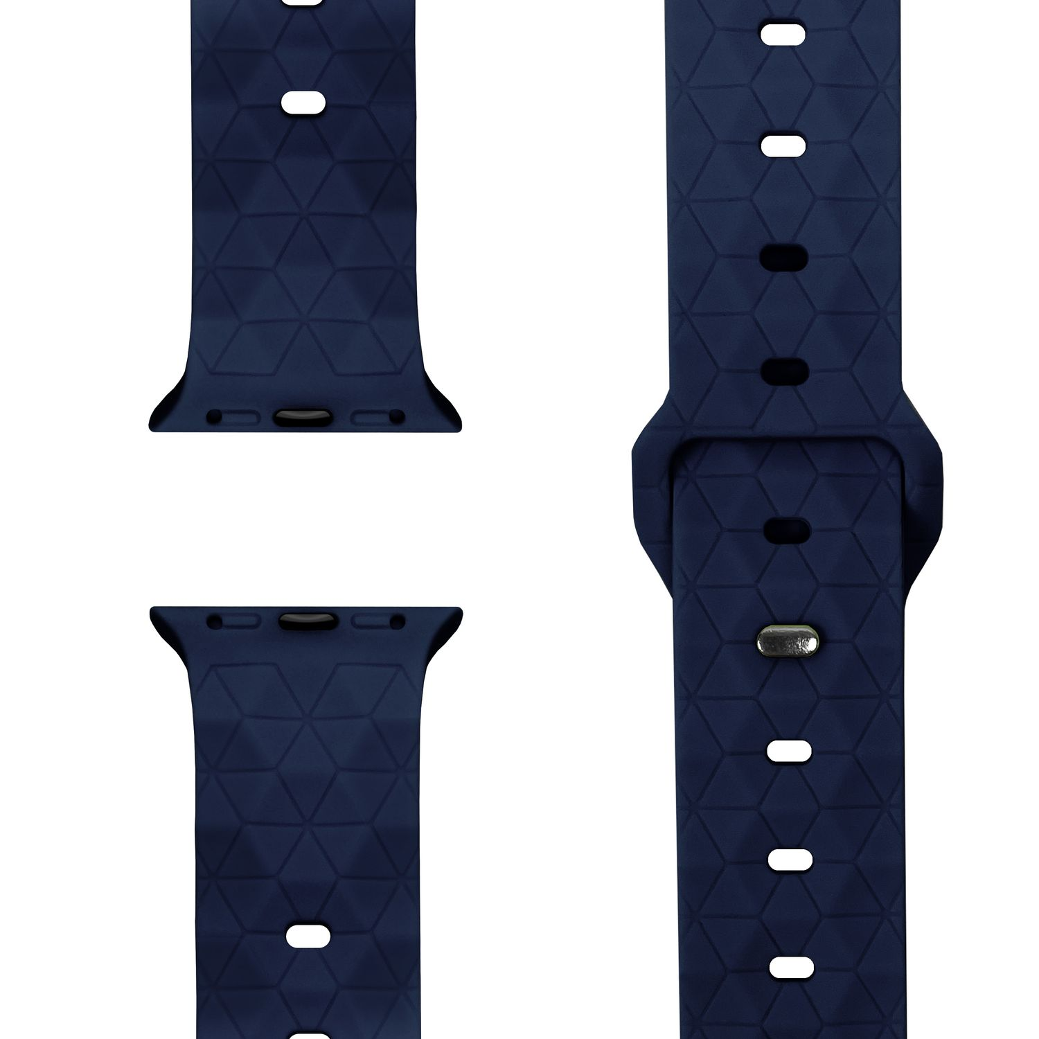 Marineblaues Uhrenarmband mit geometrischem Muster. Teile des Armbands sind angeordnet.