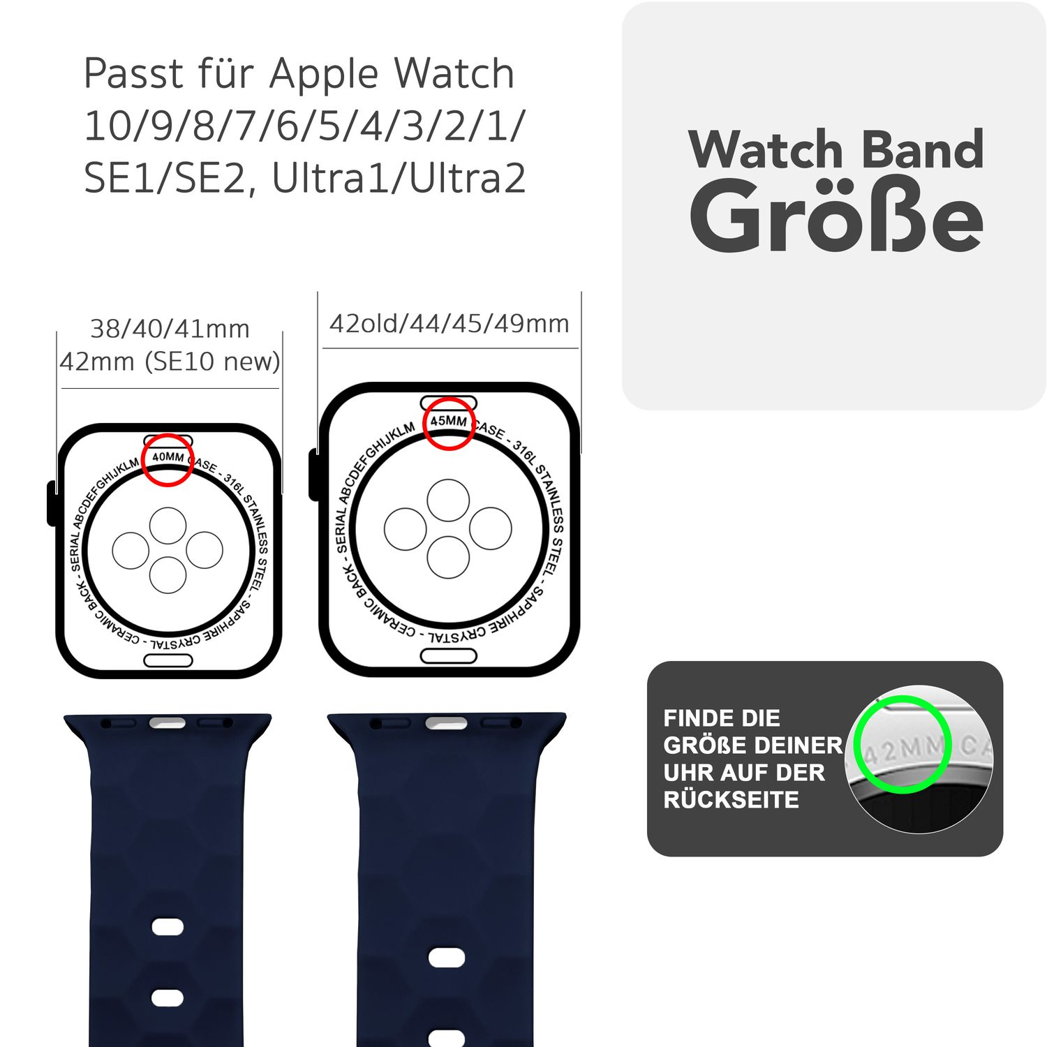 Diagramm mit Armbandgrößen für Apple Watch. Blaue Bänder gezeigt, mit Größenangaben.