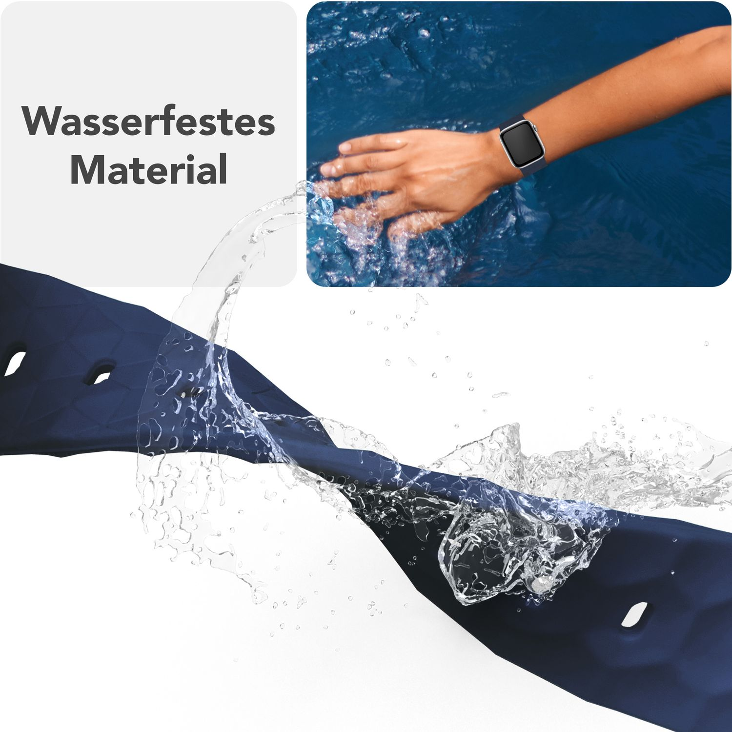 Blaues Uhrenarmband mit Wasserspritzer. Text: 'Wasserdichtes Material'.