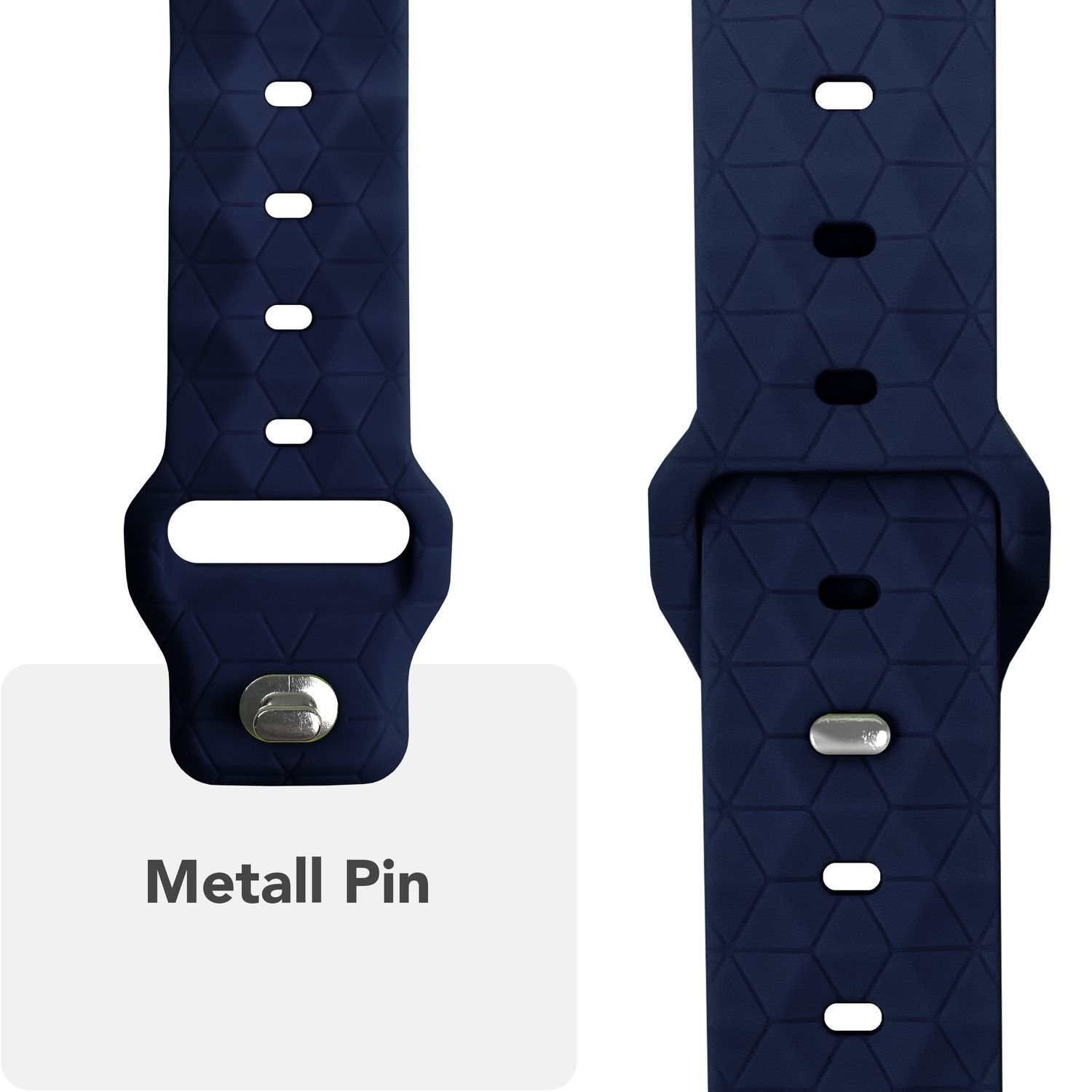 Nahaufnahme eines dunkelblauen Uhrenarmbands mit Metallstift. Text: 'Metallstift'.