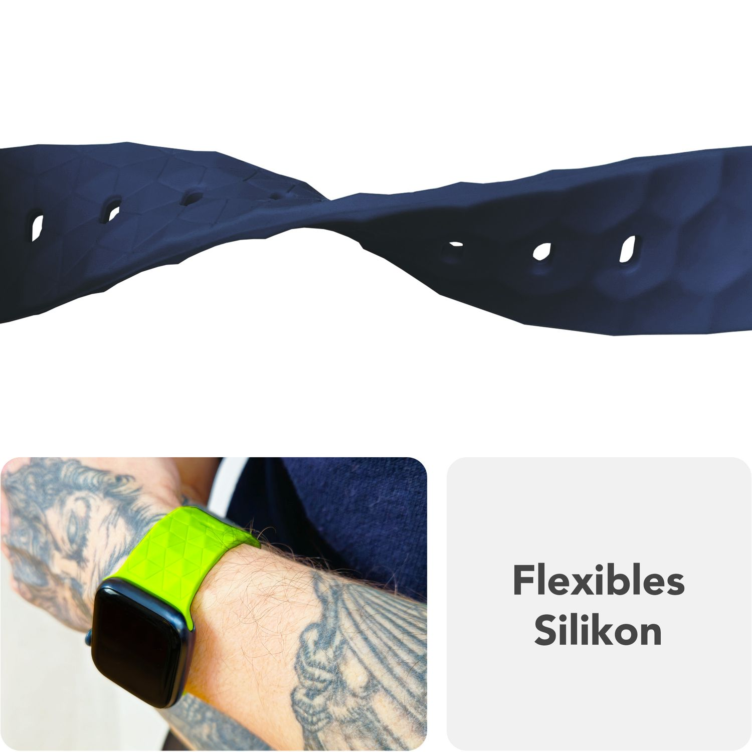 Blaues Uhrenarmband gebogen, mit grüner Apple Watch. Text: 'Flexibles Silikon'.
