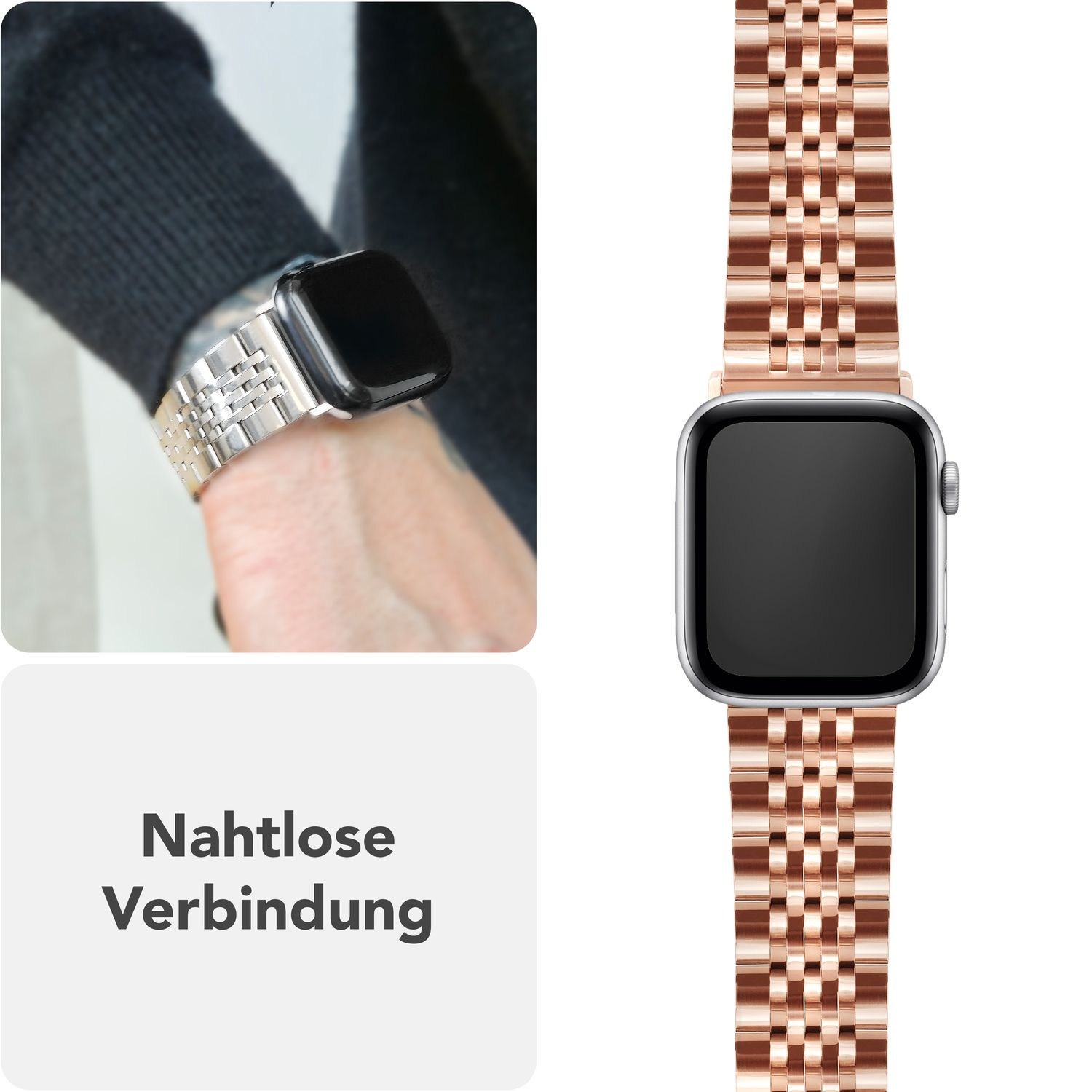 Ein roségoldenes Uhrenarmband am Handgelenk. Das Armband hat ein Schachbrettmuster und wird detailliert gezeigt.