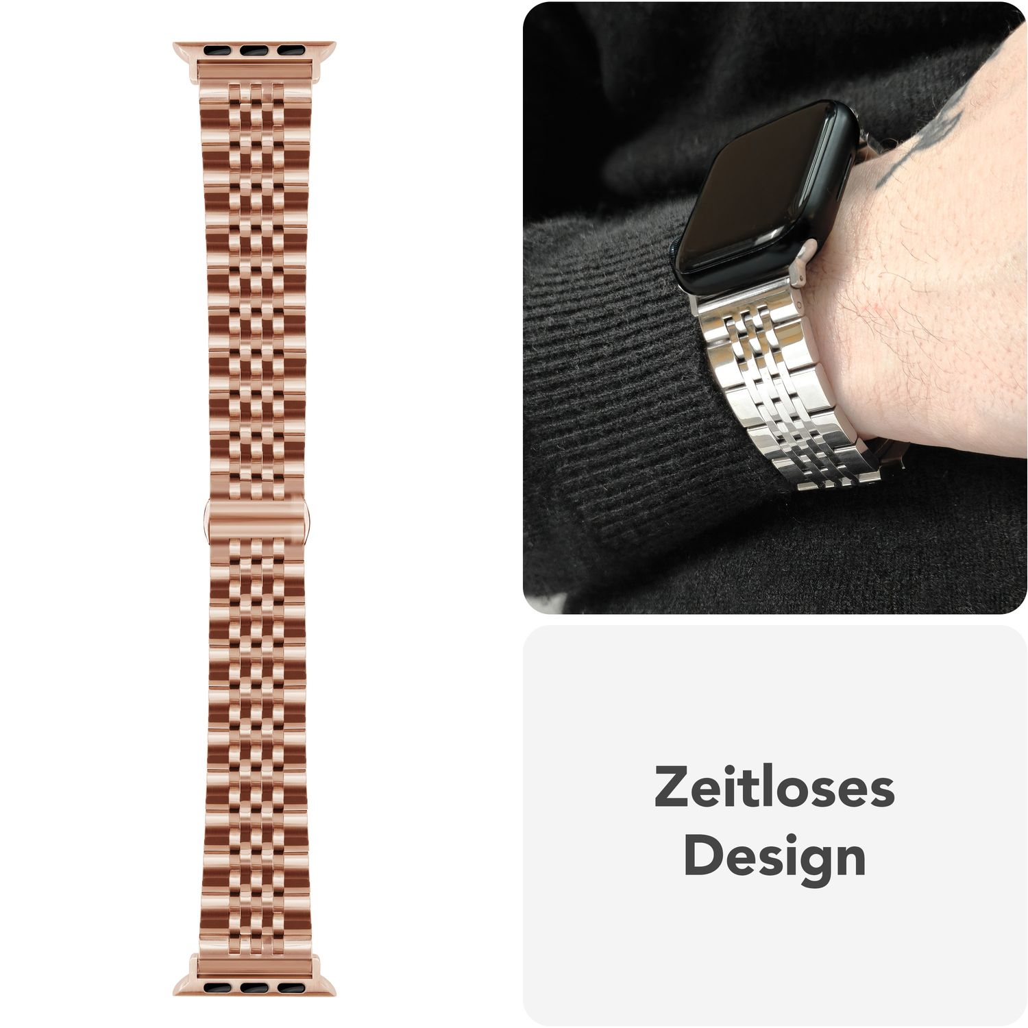 Roségoldenes Uhrenarmband neben einer Uhr am Handgelenk. Text: Zeitloses Design.