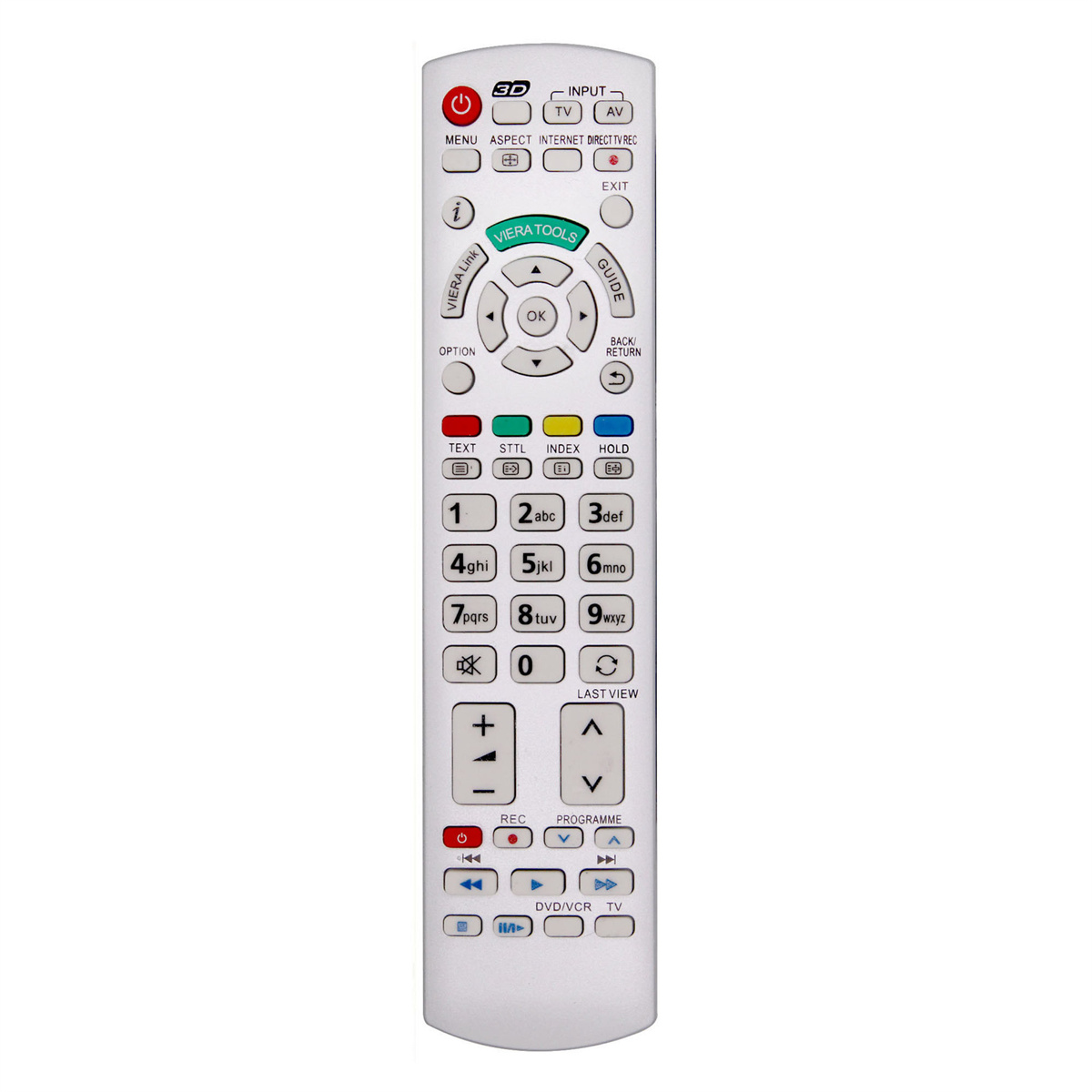 Eine weiße Panasonic TV-Fernbedienung mit vielen Knöpfen. Verschiedene Farben und Text sind sichtbar.