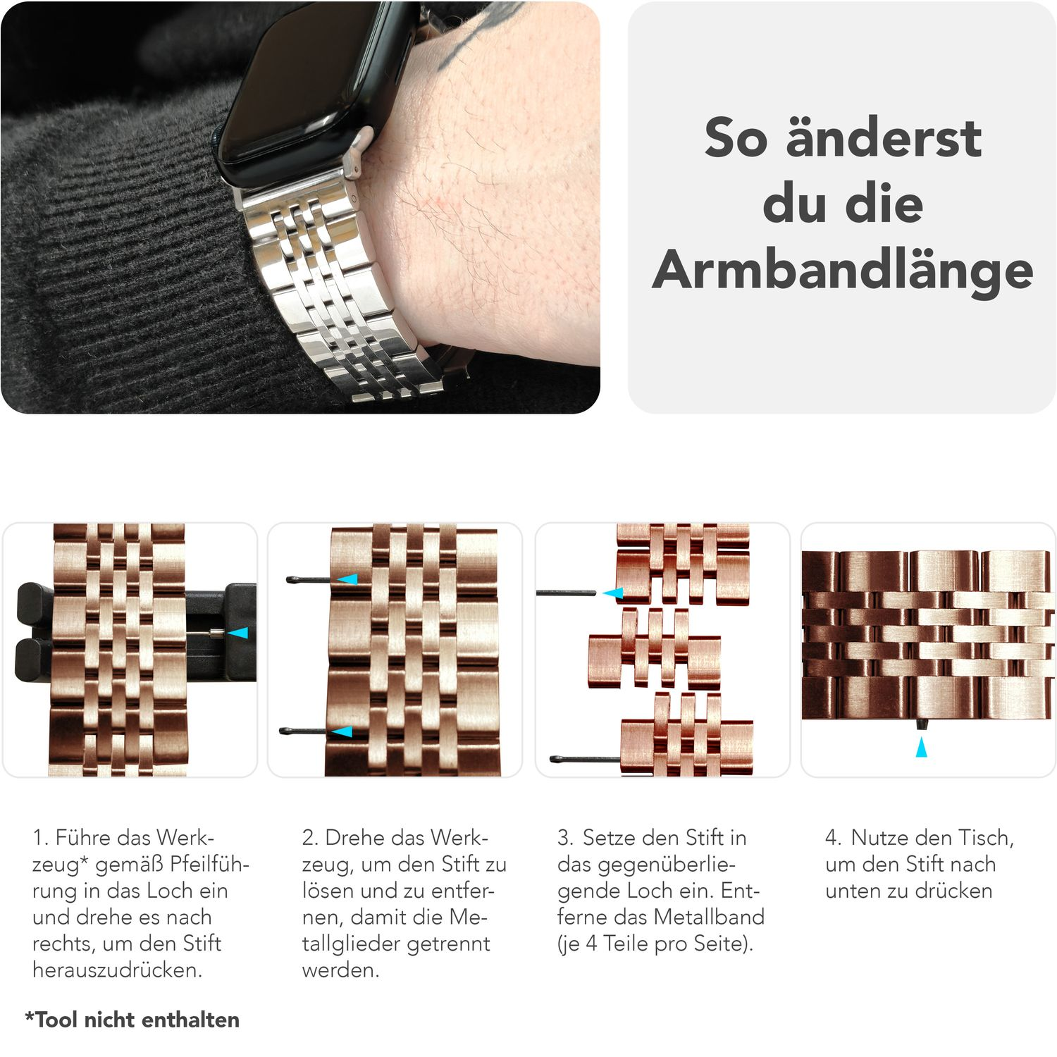 Anleitung zum Einstellen eines roségoldenen Uhrenarmbands. Schritte zum Entfernen von Gliedern werden gezeigt.