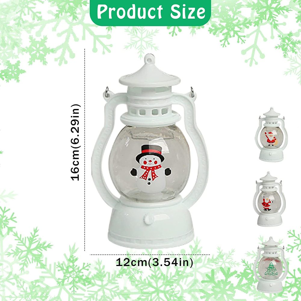 Weiße Weihnachtslaterne mit Schneemann. Abmessungen: 16 cm hoch, 12 cm breit. Schneeflocken im Hintergrund.