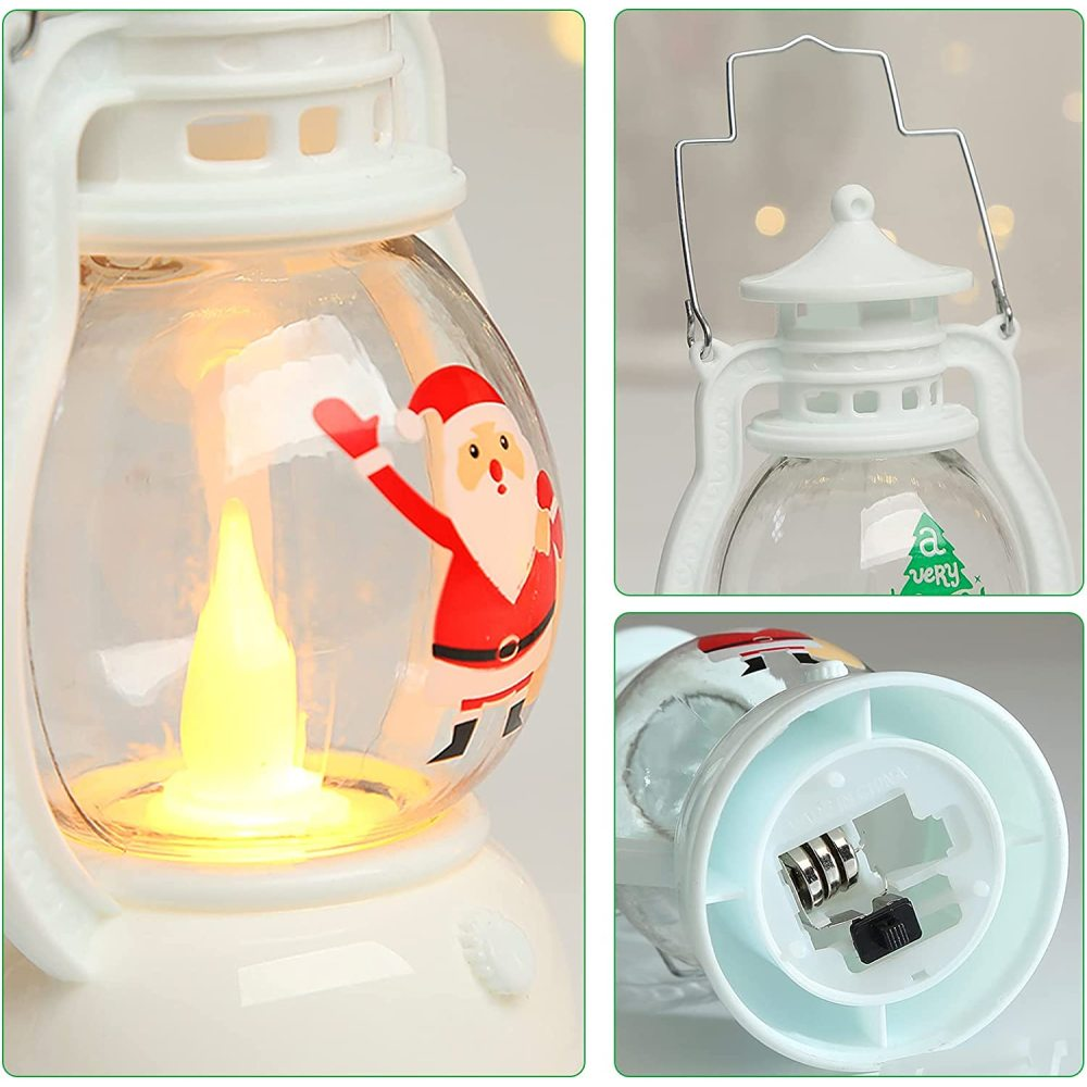 Weihnachtslaterne mit einem Weihnachtsmann und einem kerzenartigen Licht im Inneren, Details von Basis und Griff.