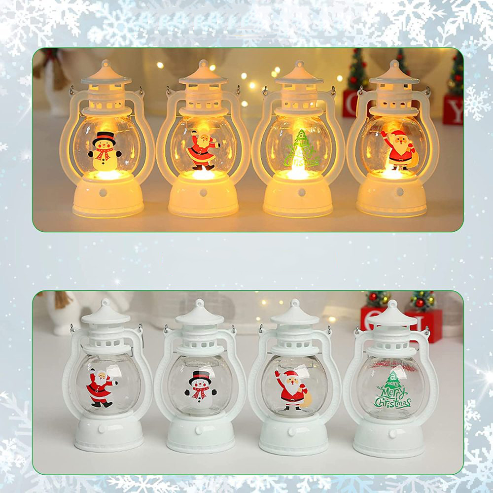 Vier Weihnachtslaternen mit Figuren, beleuchtet mit LED-Lichtern. Ansicht von oben und unten.