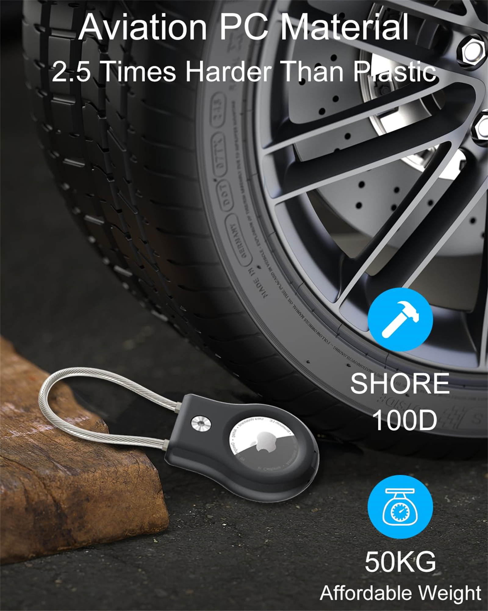 Apple AirTag-Halter auf brauner Oberfläche. Der Halter ist an einem Schlüsselring befestigt.