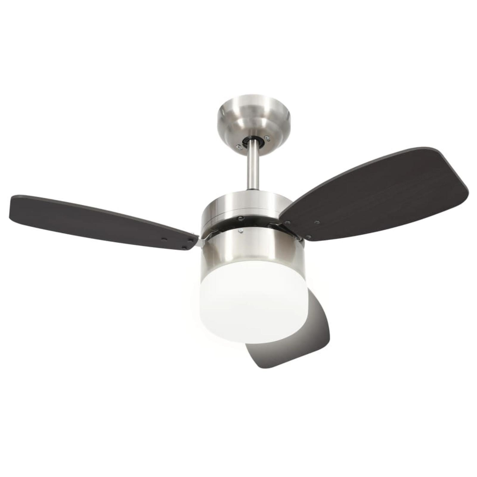Deckenventilator mit drei dunklen Flügeln und einem Licht. Weißer Hintergrund. Keine Abmessungen gezeigt.