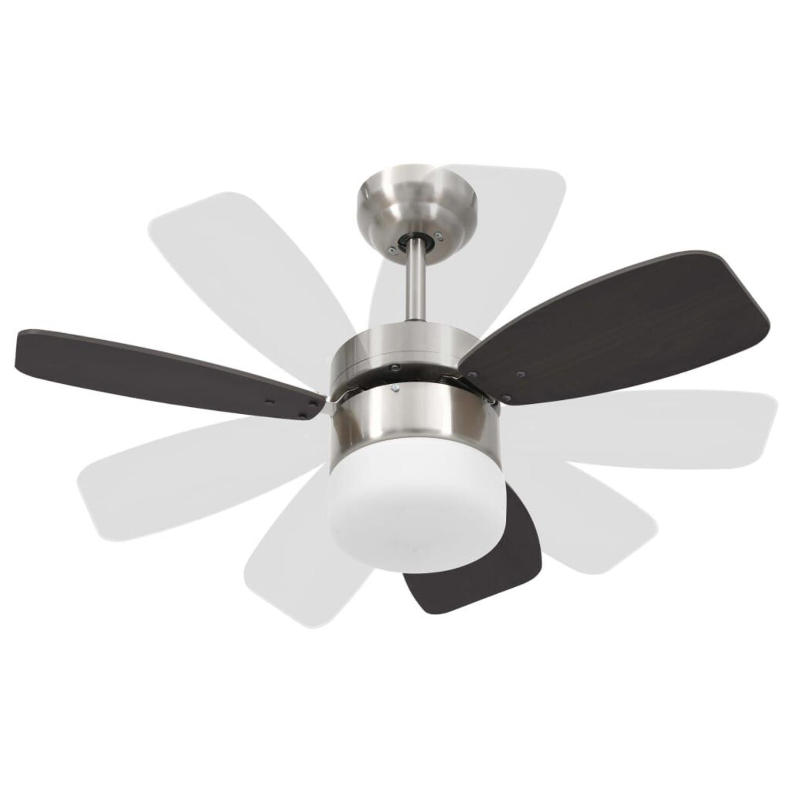 Deckenventilator mit sich drehenden Flügeln. Der Ventilator ist silberfarben mit dunkelgrauen und weißen Flügeln.