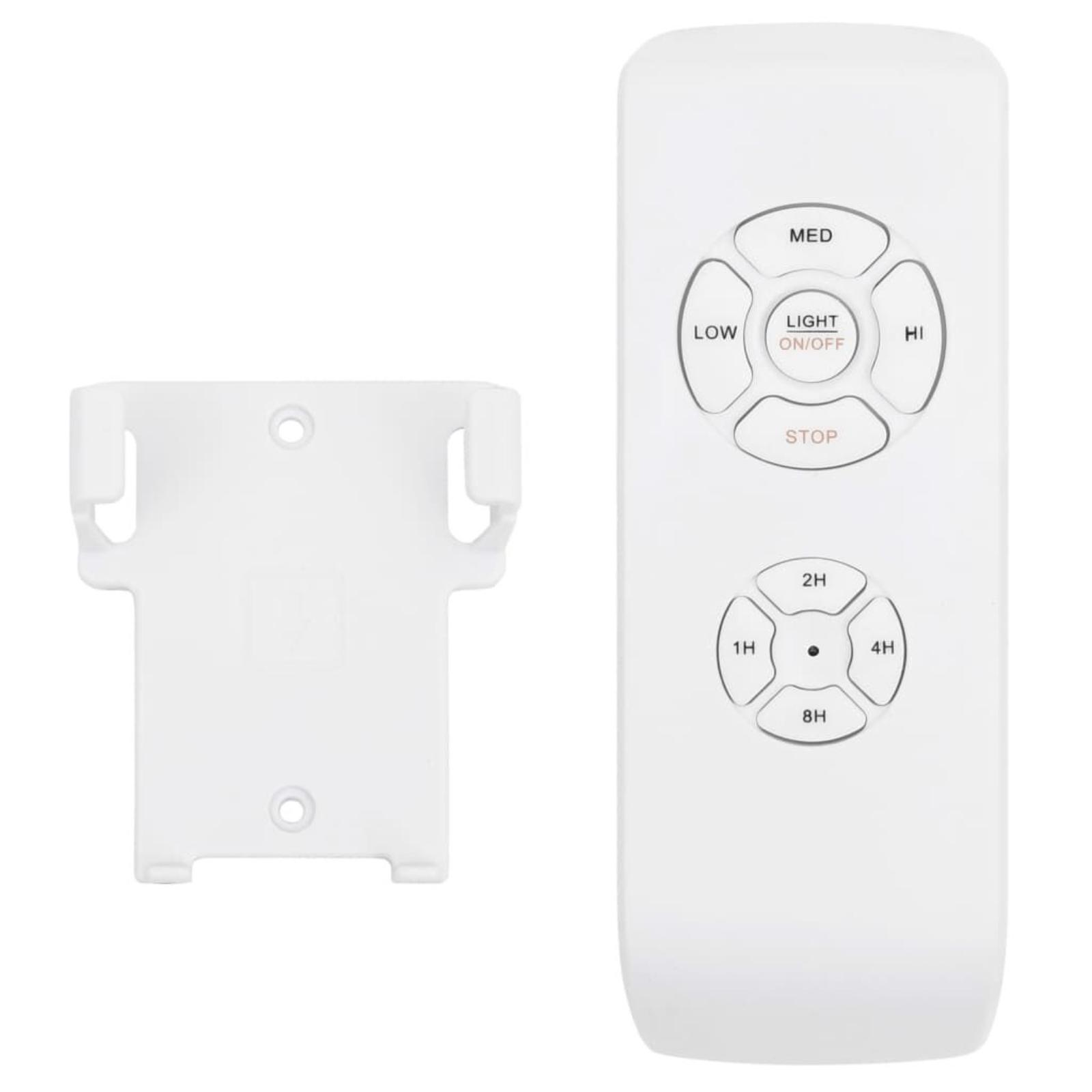 Eine weiße Fernbedienung für einen Deckenventilator mit Tasten für Geschwindigkeit, Licht und Zeit.