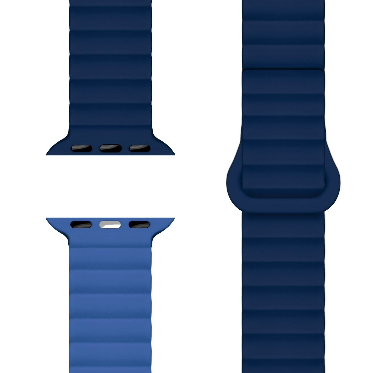 Drei blaue Armbänder für Uhren. Die Armbänder sind mit einem gerippten Muster strukturiert.