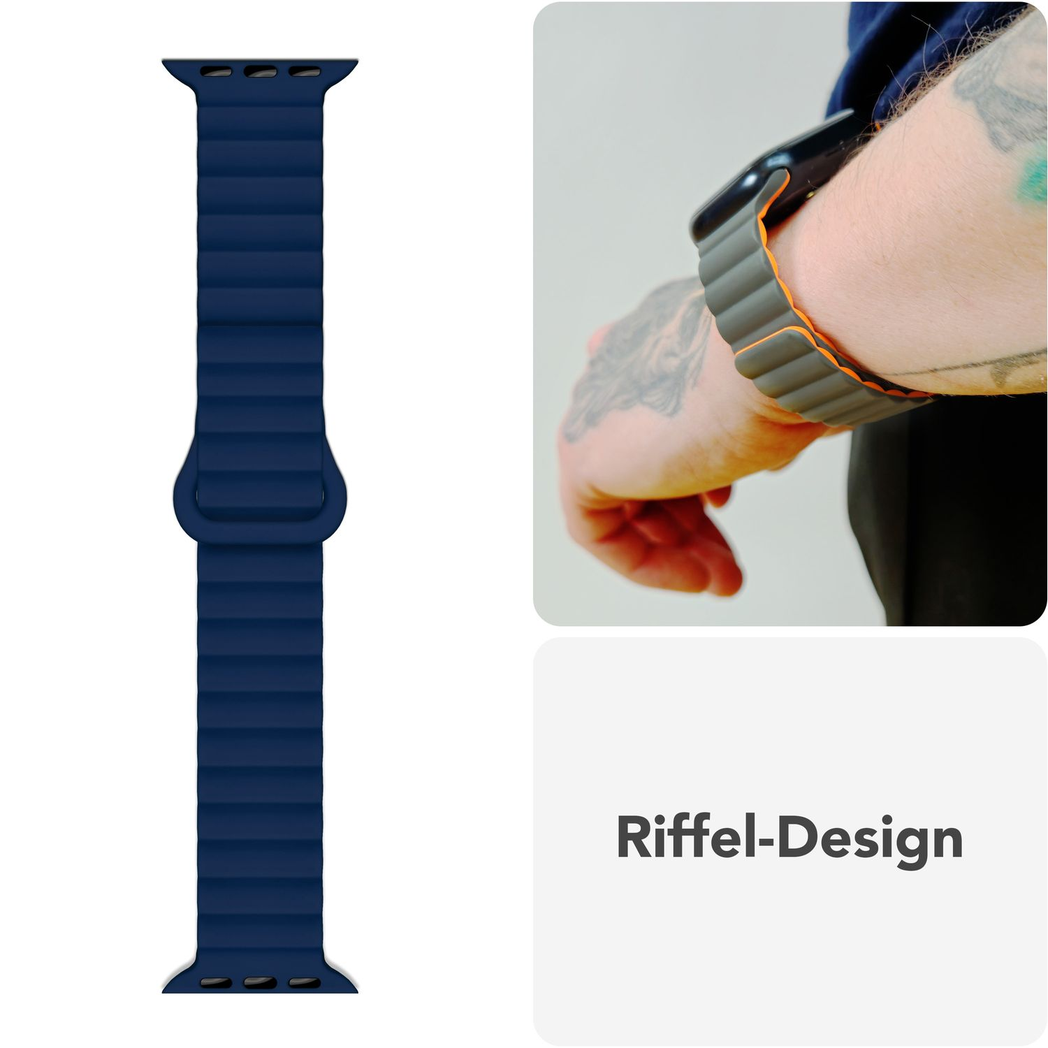 Zwei Bilder, eines zeigt ein blaues Uhrenarmband, das andere zeigt es am Handgelenk. Text sagt Ripple Design.