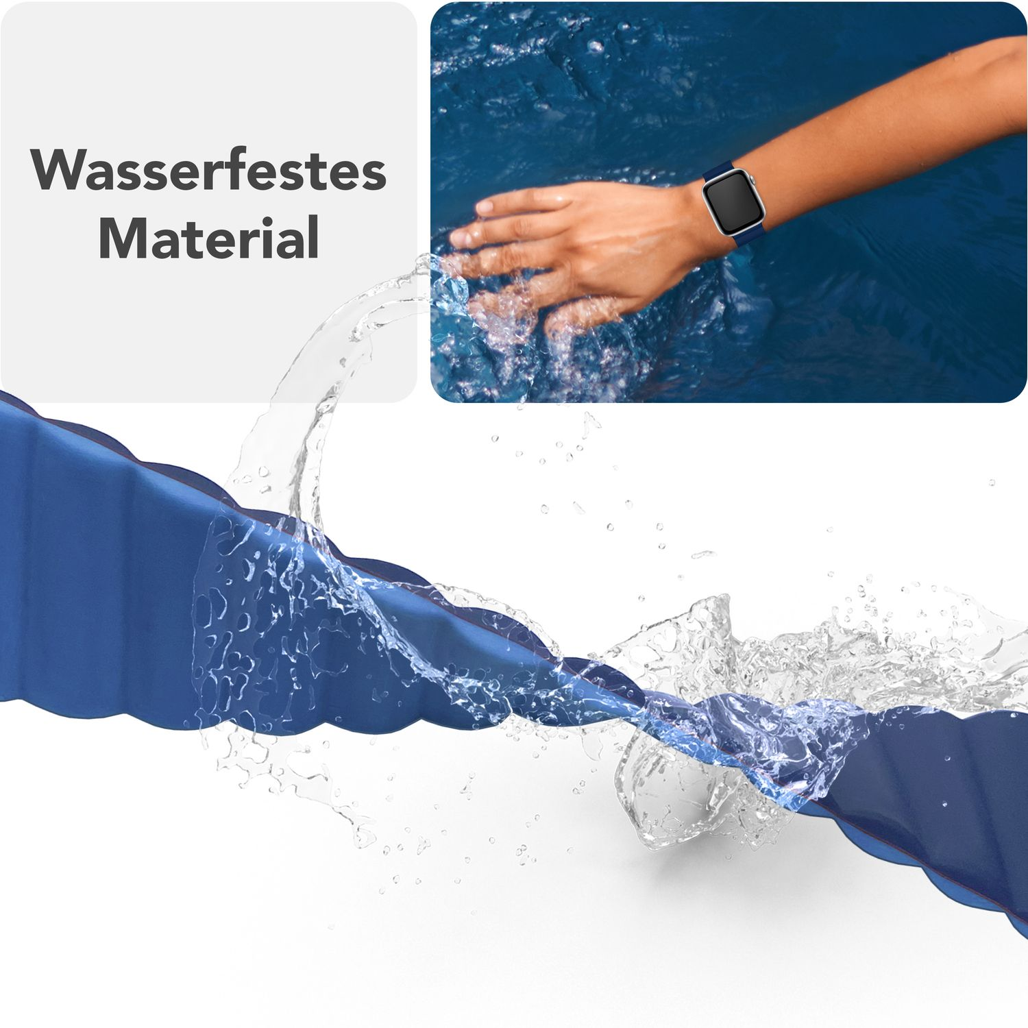 Wasser spritzt auf eine blaue Matte, in einer Ecke eine Hand mit Smartwatch.