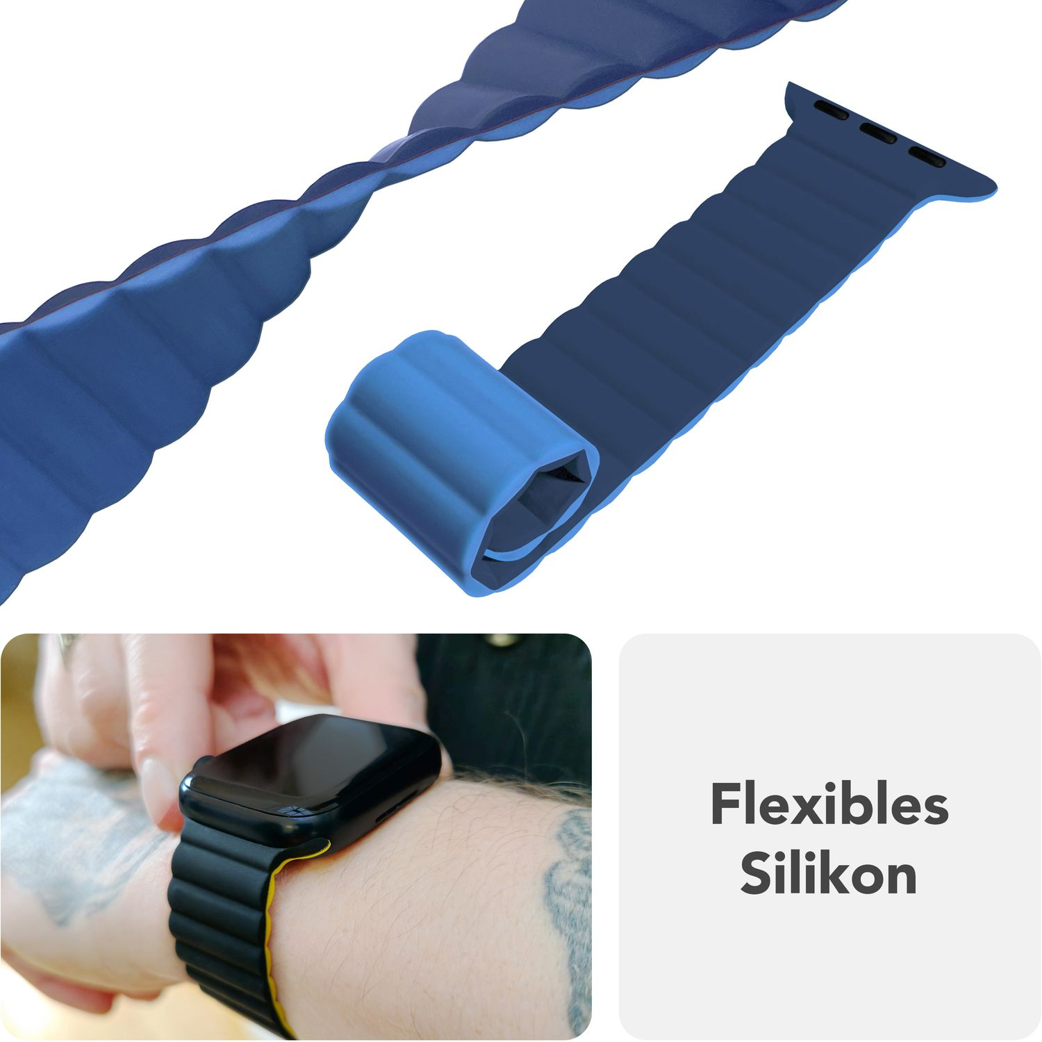 Blaues Uhrenarmband, gewickelt und am Handgelenk. Text weist darauf hin, dass es sich um flexibles Silikon handelt.
