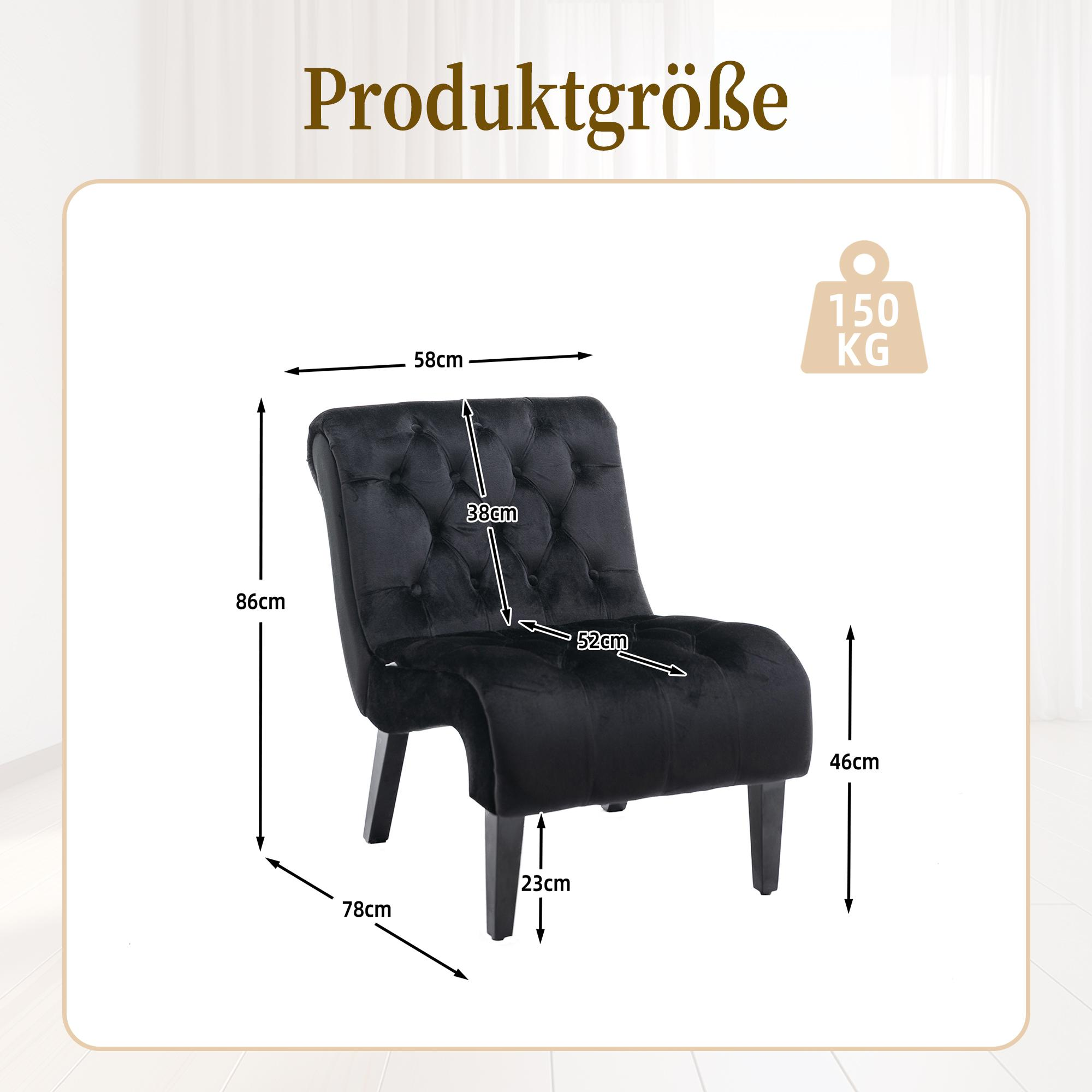 Schwarzer Samt-Sessel mit Abmessungen. Der Stuhl hat einen geschwungenen Rücken und Holzbeine.