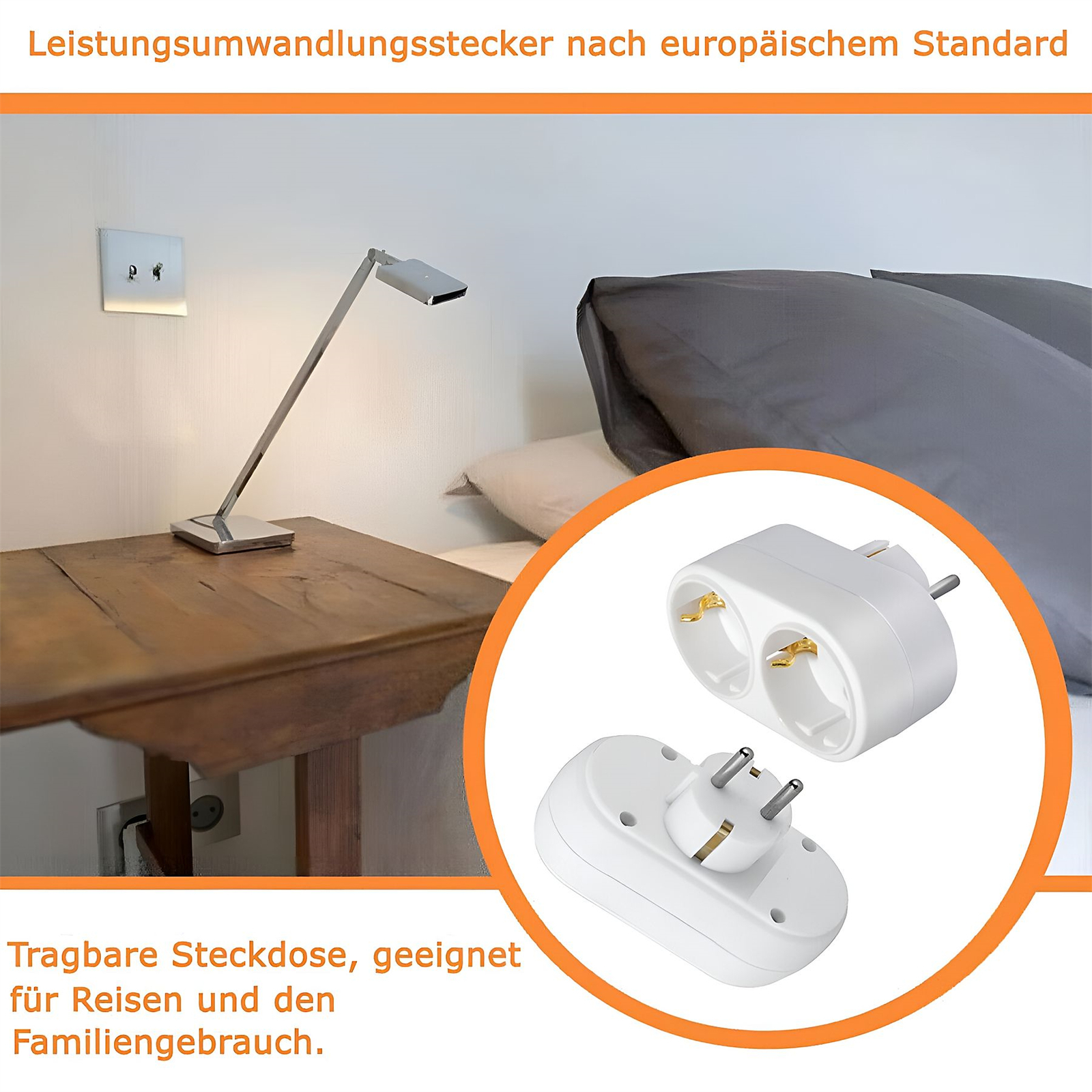 Eine Lampe und ein Steckdosenadapter auf einem Tisch. Text erwähnt tragbare Steckdose für Reisen und Familie.