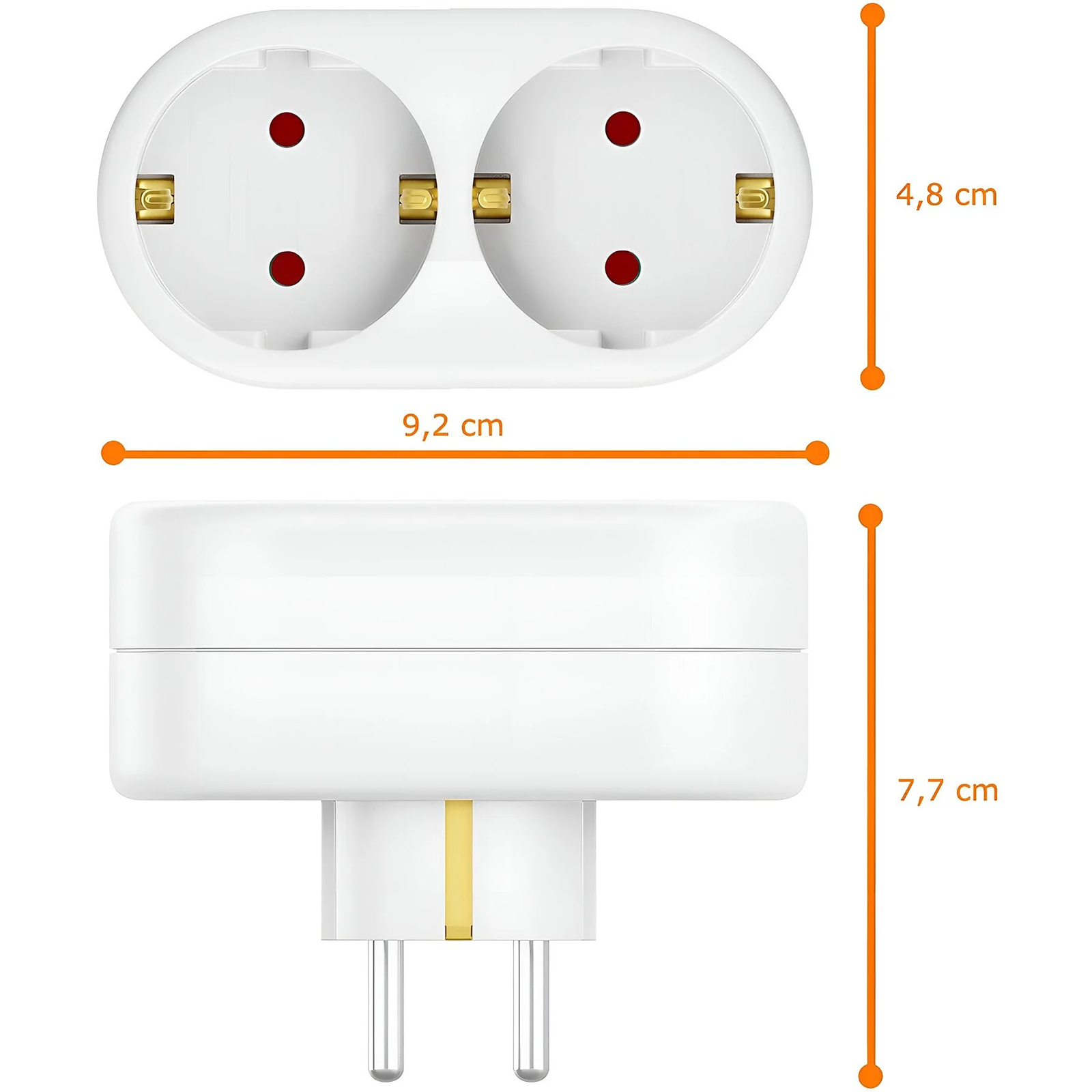Weißer Doppelsteckeradapter mit Abmessungen in cm.