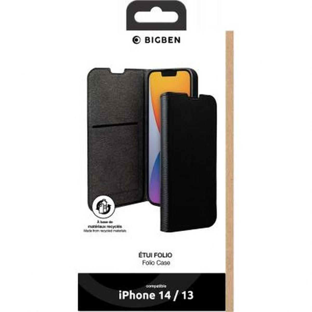 Custodia a libro per iPhone 14/13, con confezione che mostra la custodia e il telefono.
