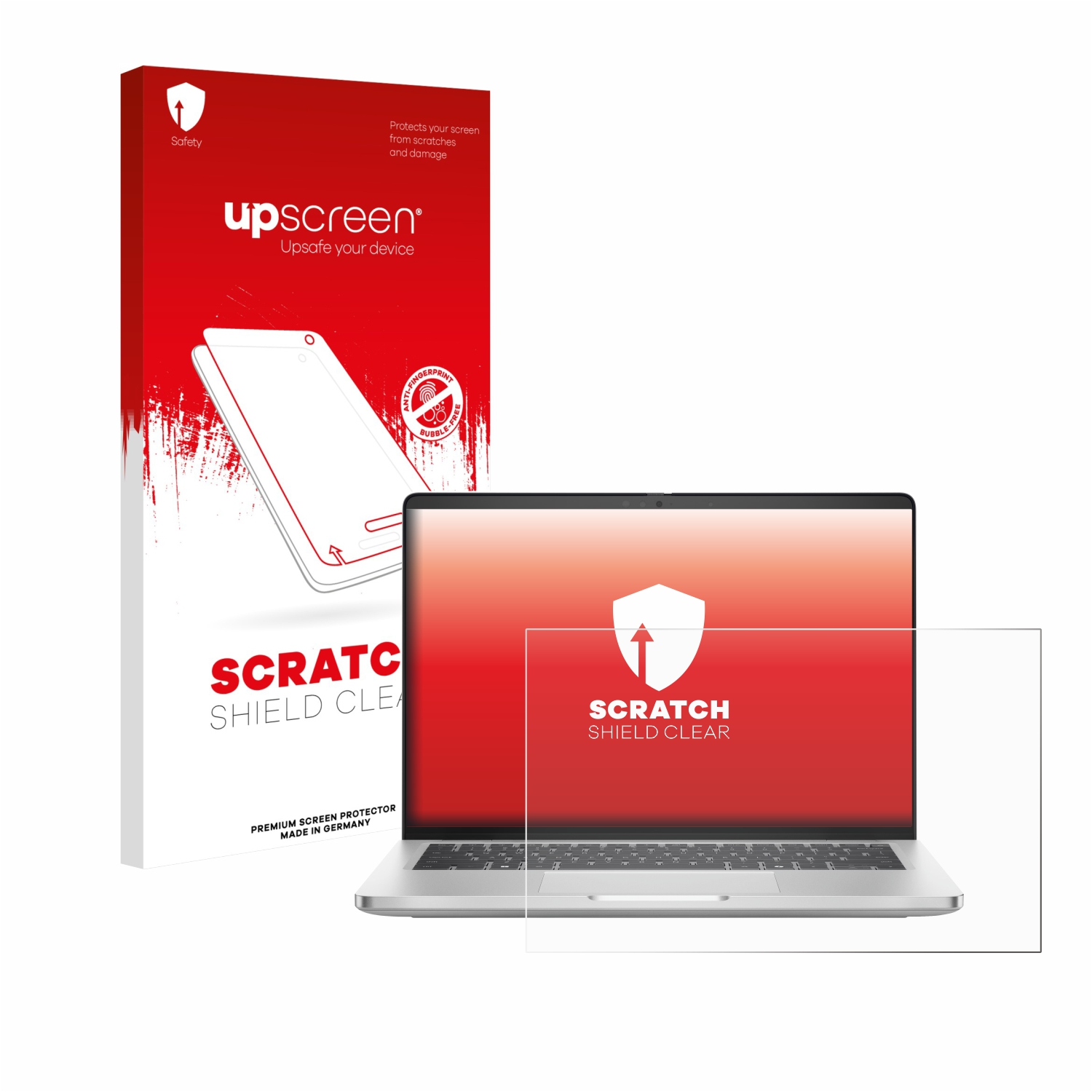 Laptop mit Displayschutz und Box. Der Schutz ist transparent.