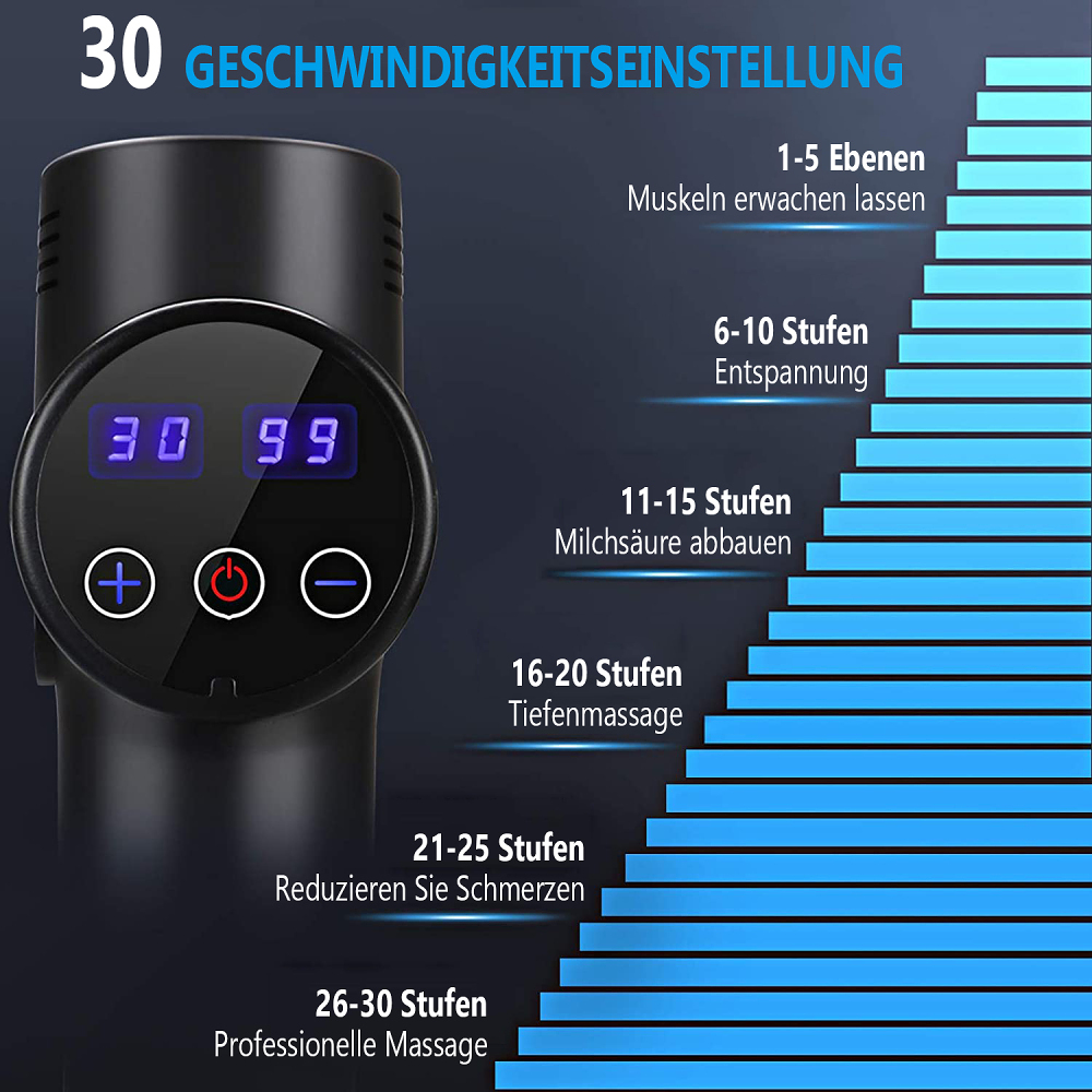 Eine schwarze Massagepistole, die Geschwindigkeitsstufen zeigt. Die Pistole hat ein Display und Knöpfe.