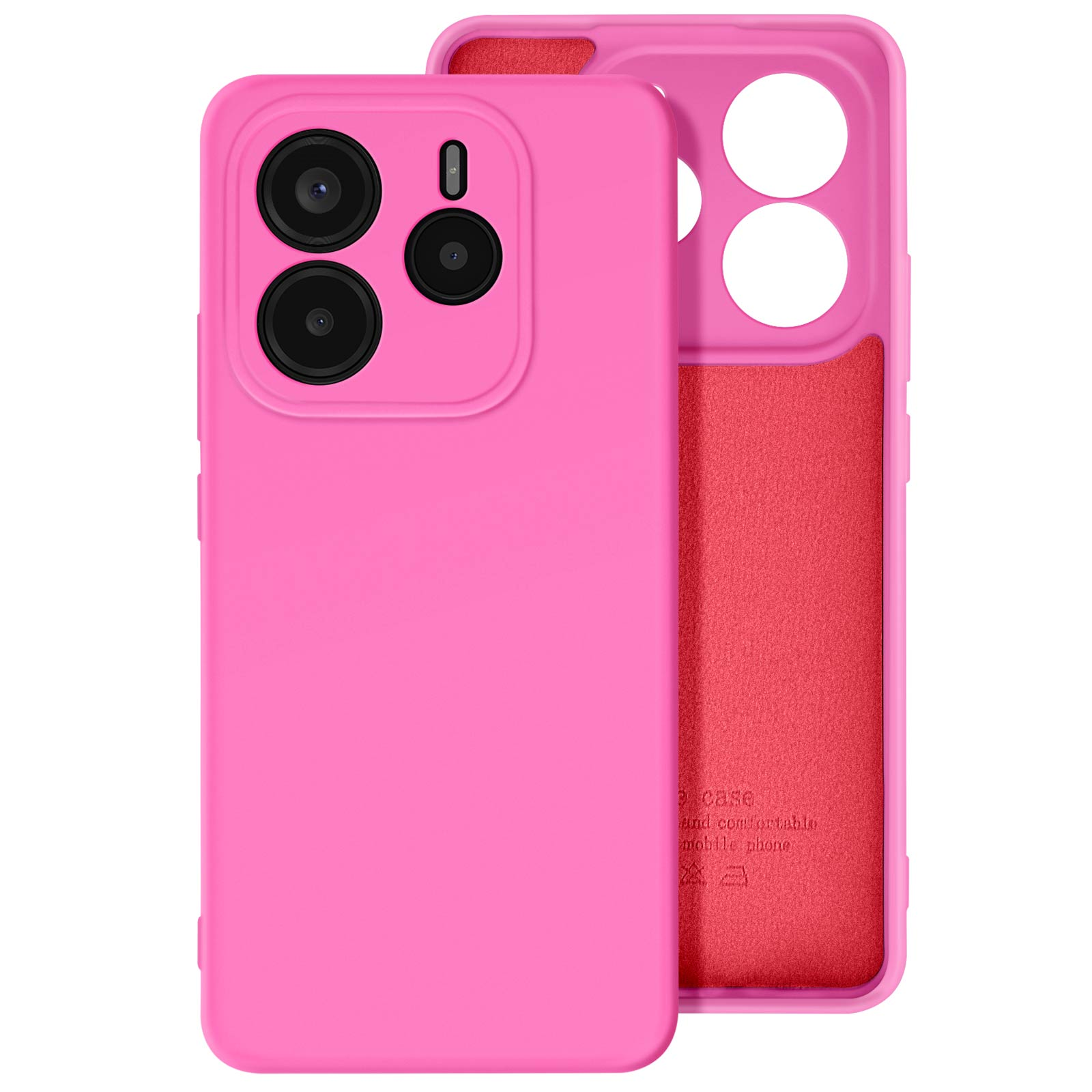 Custodia per telefono rosa, anteriore e posteriore, con ritagli per la fotocamera. L'interno è rosso.