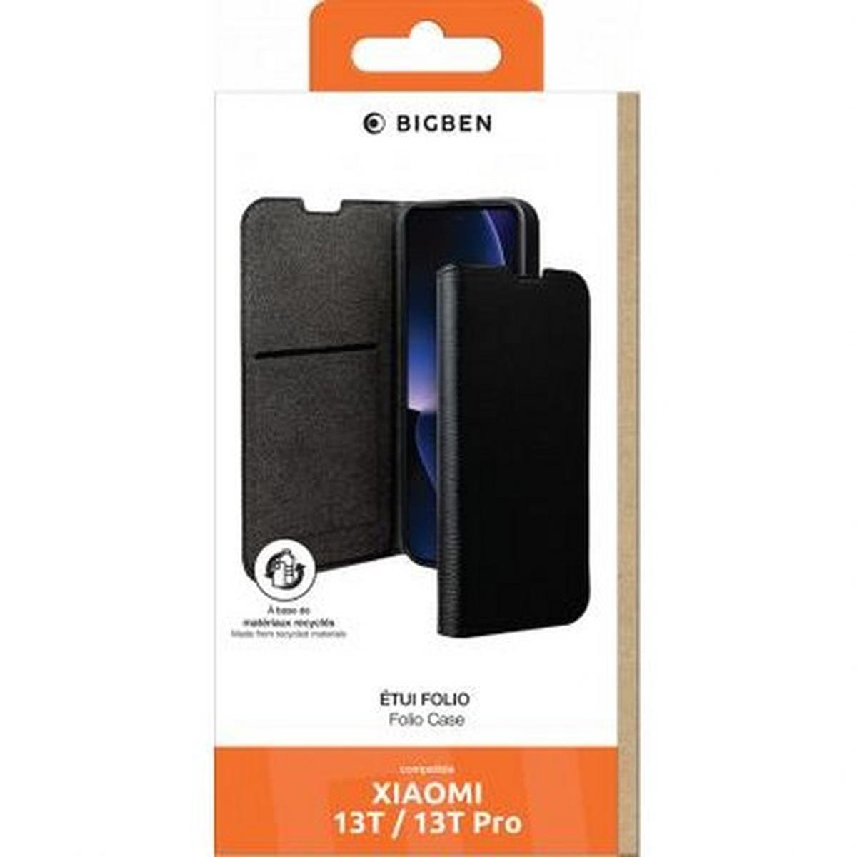 Confezione della custodia Bigben. La custodia è nera. Testo: Etui Folio Case, Xiaomi 13T/13T Pro.