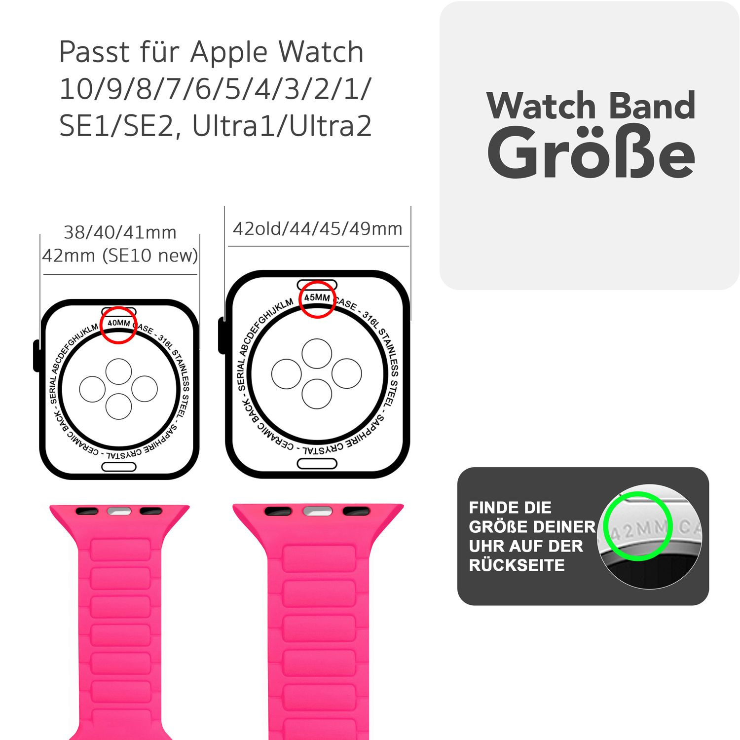 Größenübersicht für Apple Watch-Armbänder. Pinke Armbänder werden mit Maßen gezeigt.
