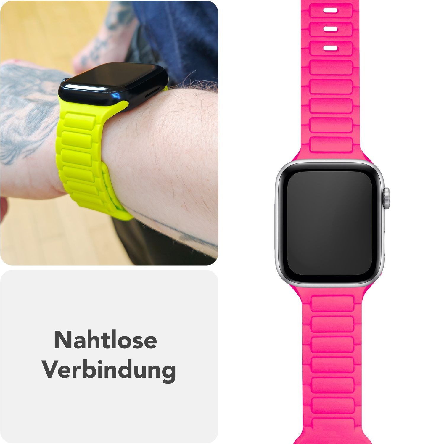 Ein Handgelenk mit gelbem Uhrenarmband. Ein weiteres pinkes Band. Text: Nahtlose Verbindung.