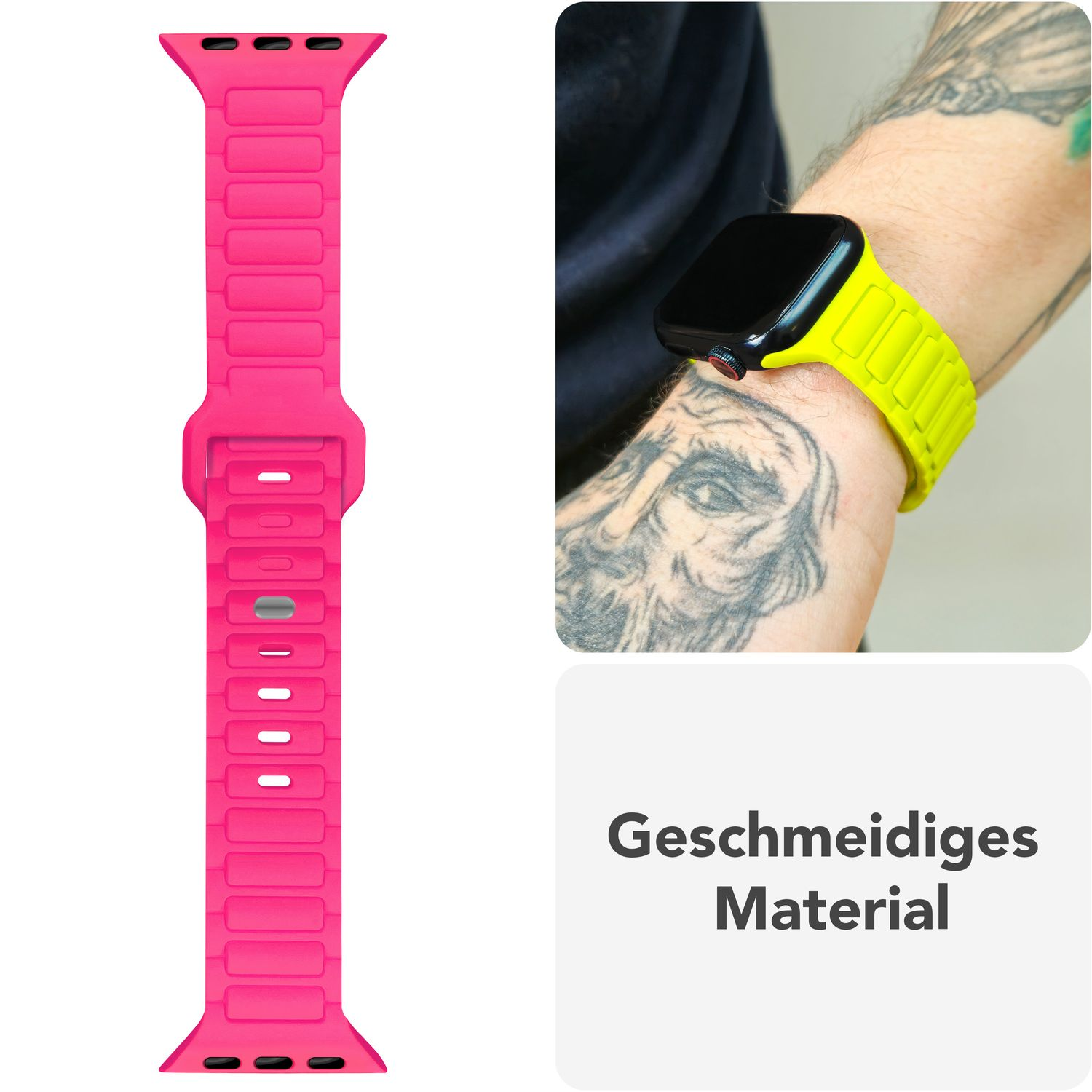 Rosa Uhrenarmband am Handgelenk. Ein gelbes Band wird ebenfalls am Handgelenk gezeigt.