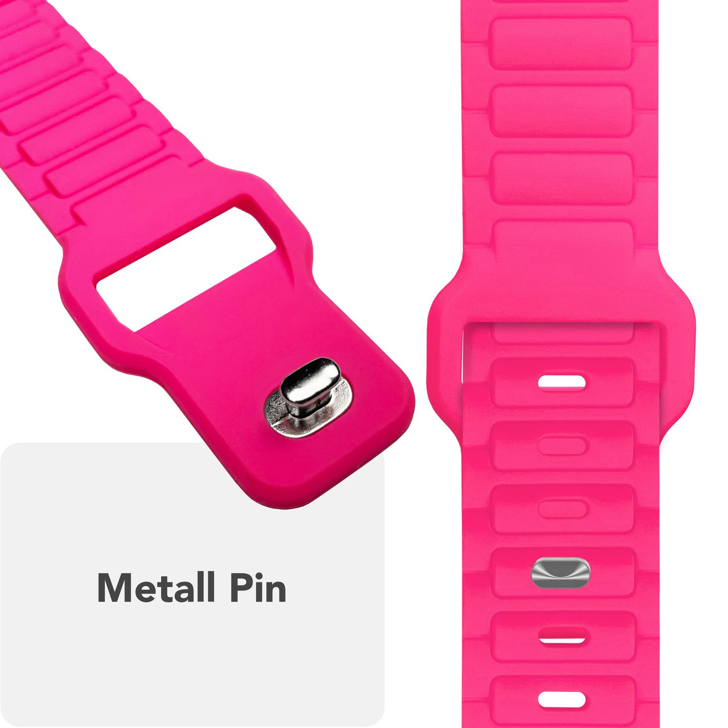 Pinkes Uhrenarmband mit Metalldetail. Text: Metall Pin.