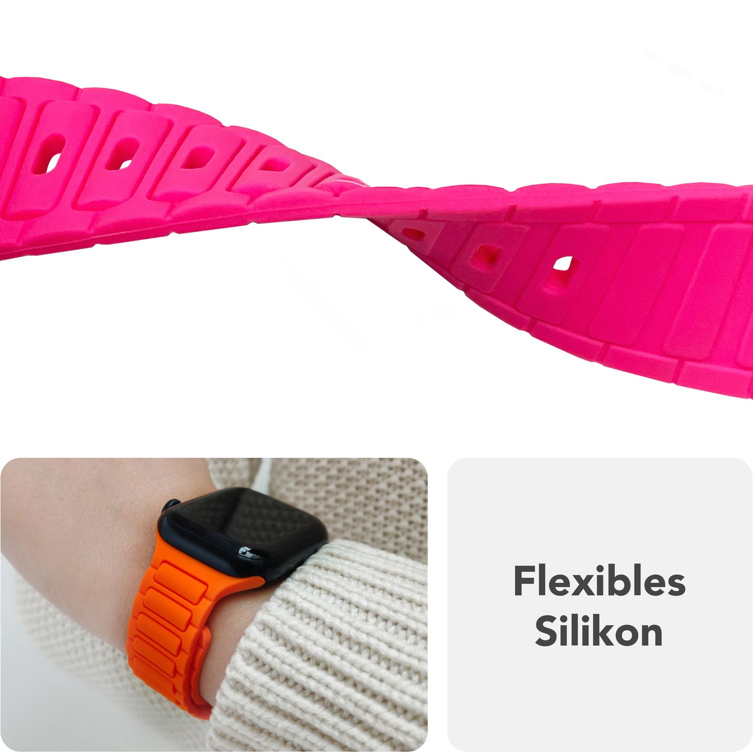 Rosa flexibles Silikon-Uhrenarmband, mit Nahaufnahme und einem Handgelenk mit orangenem Band.