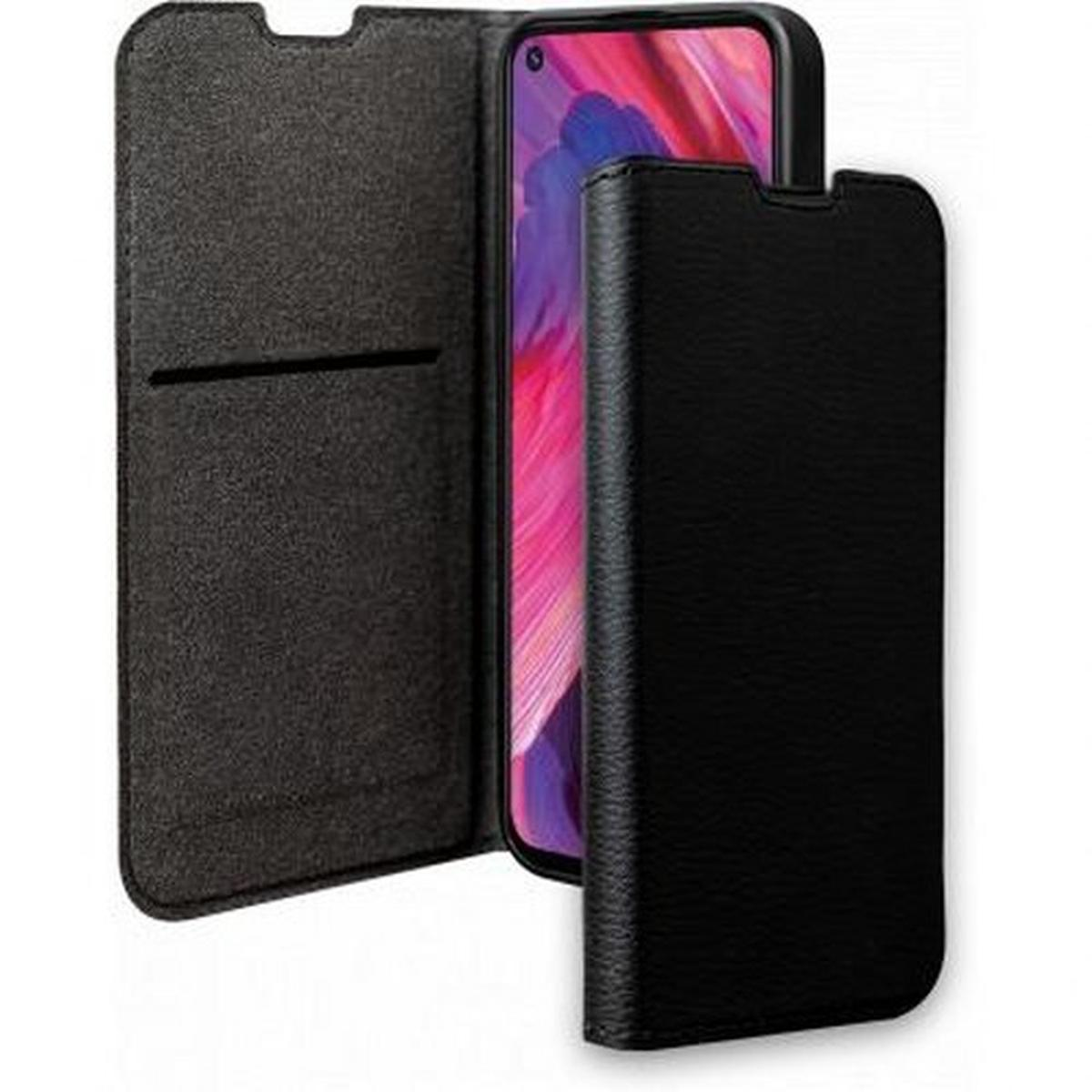 Schwarze Handyhülle geöffnet, zeigt ein Handy mit buntem Bildschirm. Die Hülle hat eine Tasche.