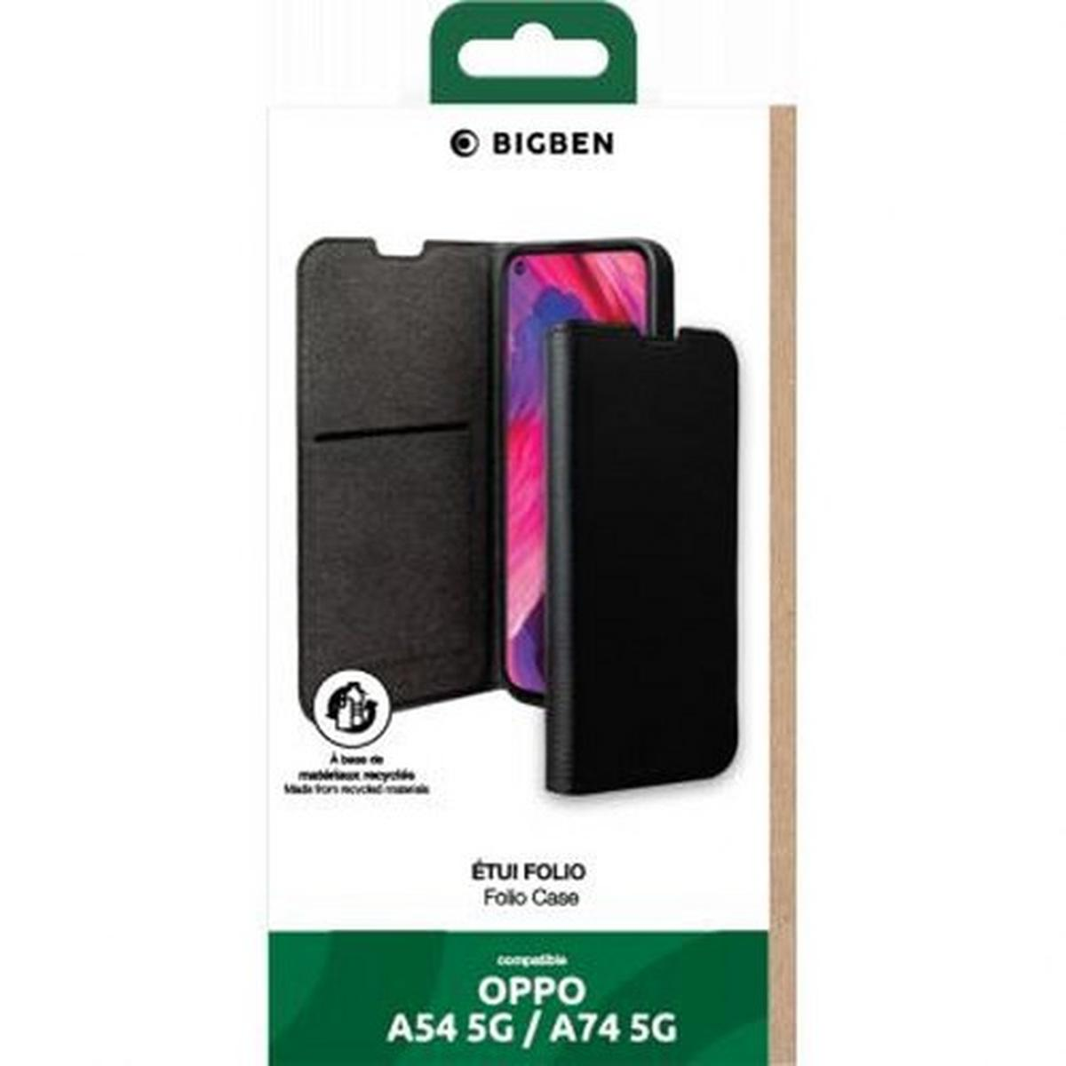 Telefonhülle in einer Box. Hülle ist offen und zeigt ein Telefon. Box sagt 'Folio Case' und 'OPPO A54 5G/A74 5G'.