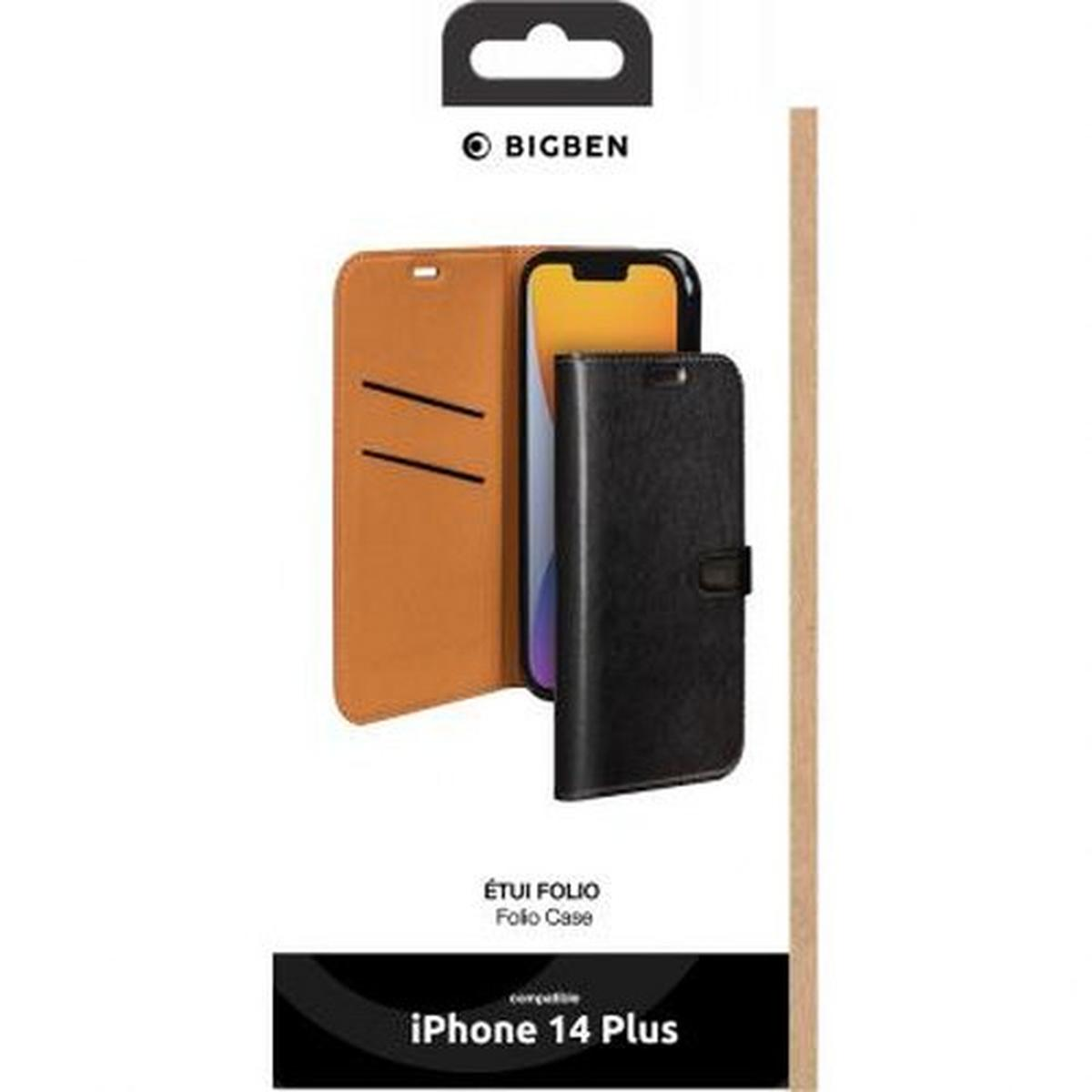 Confezione della custodia Bigben. La custodia è nera e arancione. Testo: Etui Folio Case, iPhone 14 Plus.