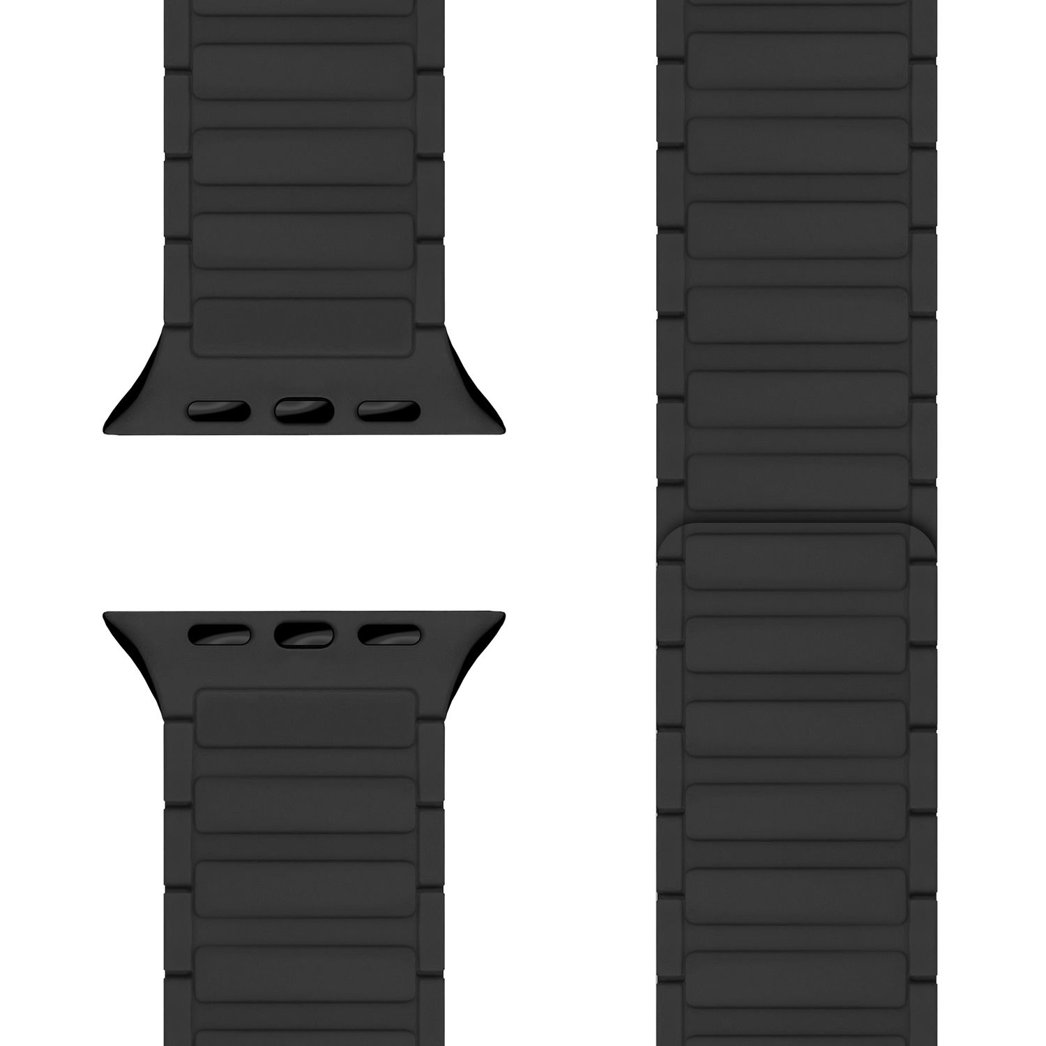 Schwarze Armbandkomponenten. Zwei Teile sind getrennt und ein Teil ist verbunden, alle zeigen nach oben.