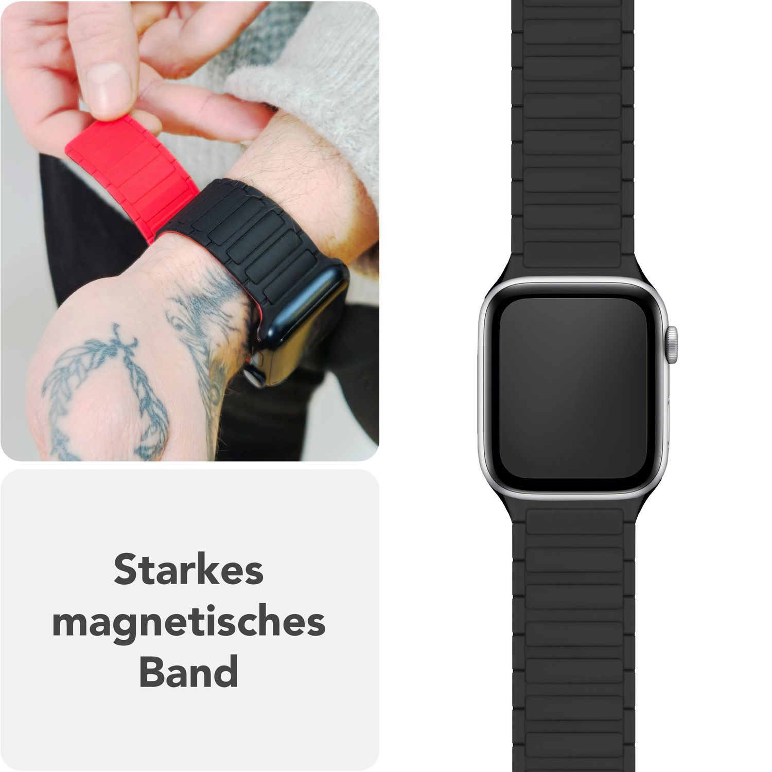Mann befestigt ein rotes Armband an der Uhr. Ein schwarzes Armband am Handgelenk. Text: Starkes Magnetband.
