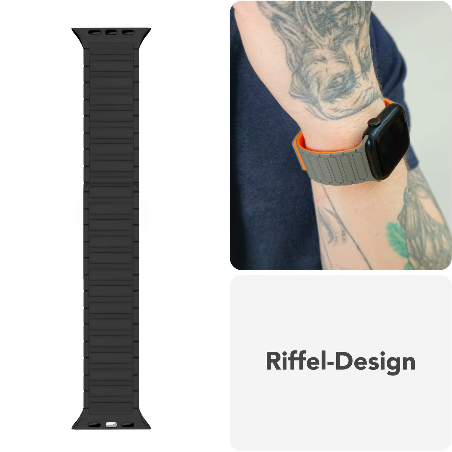 Schwarzes Armband mit grauem und orangem Akzent. Ein Handgelenk mit dem Band im Hintergrund. Text: Riffel-Design.