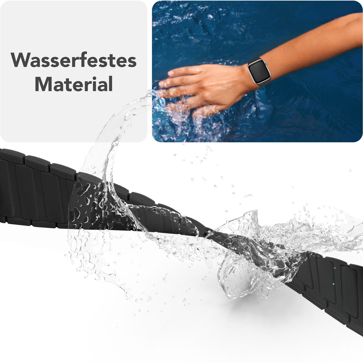 Wasser spritzt auf ein schwarzes Armband. Ein Handgelenk mit Uhr ist im Hintergrund. Text sagt 'Wasserdichtes Material'.