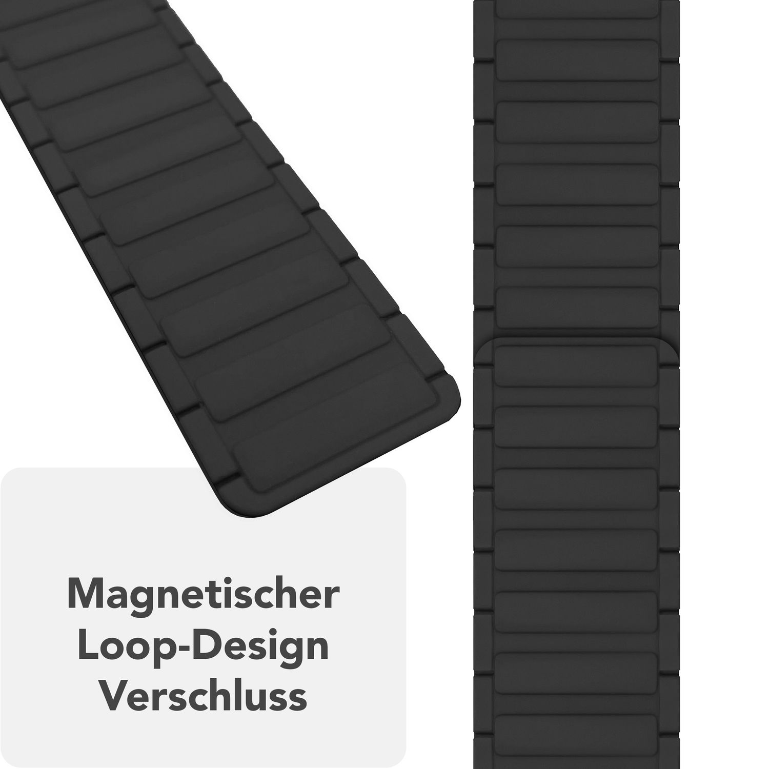 Schwarze Uhrenarmbänder mit magnetischem Loop-Design. Nahaufnahme von Uhrenarmbändern. Text: Magnetischer Loop-Design-Verschluss.