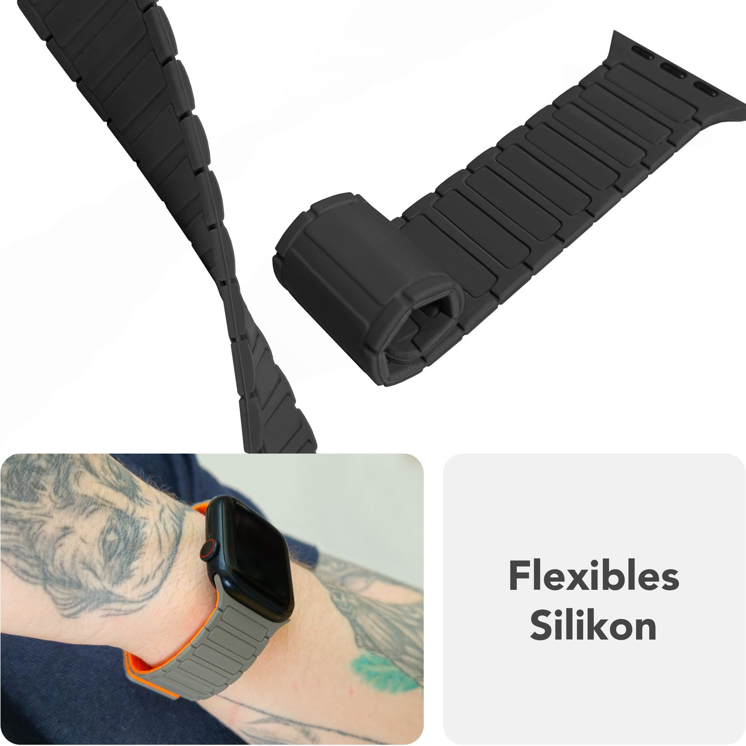 Schwarzes Uhrenarmband aus flexiblem Silikon. Eine Person trägt das Band am Handgelenk. Orange Akzente.