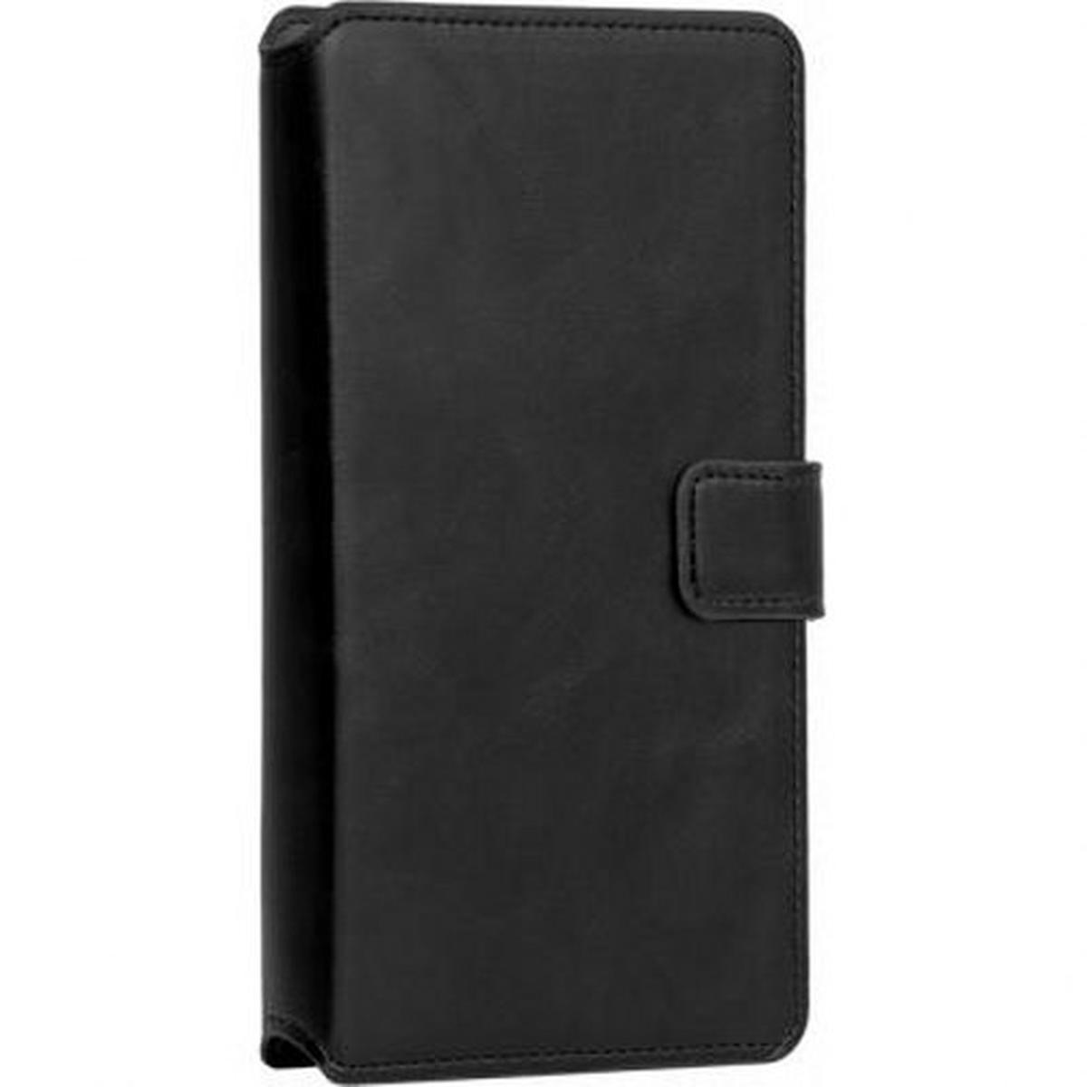 Una custodia per telefono in pelle nera con chiusura magnetica. La custodia è chiusa e ha un design semplice.