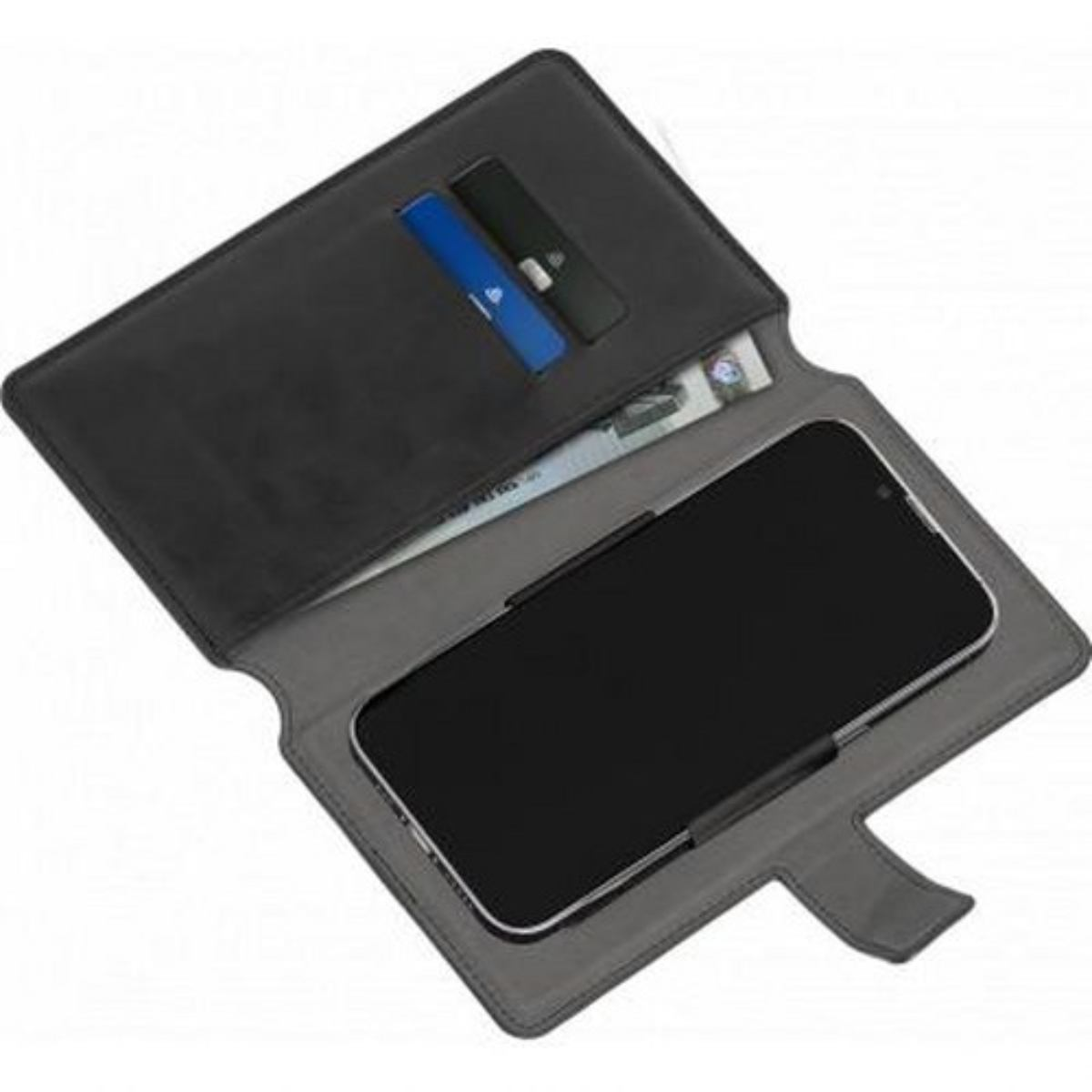 Custodia per telefono nera aperta con telefono dentro e carte visibili.