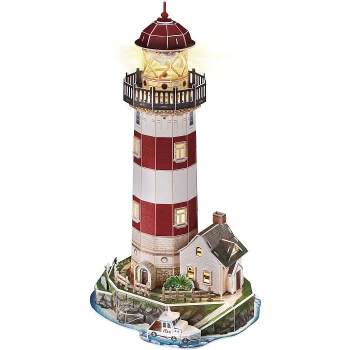3D-Leuchtturm-Puzzle, rot und weiß, beleuchtet, mit kleinem Haus und Boot.