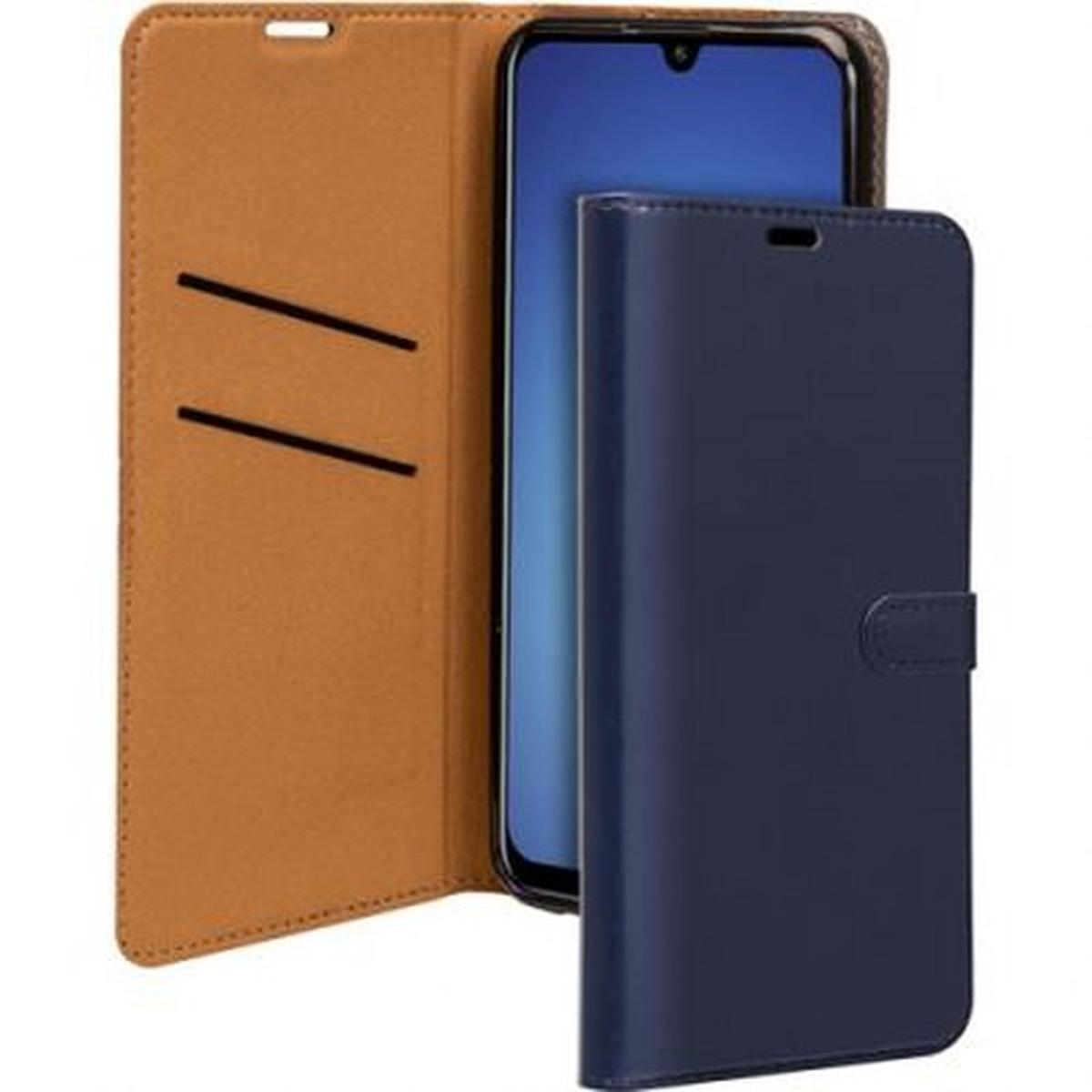 Custodia per telefono, marrone e blu, con un telefono all'interno. Custodia aperta.