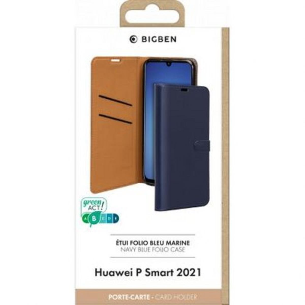 Scatola con custodia blu e telefono all'interno. Testo: Custodia Folio Blu Navy. Modello: Huawei P Smart 2021.