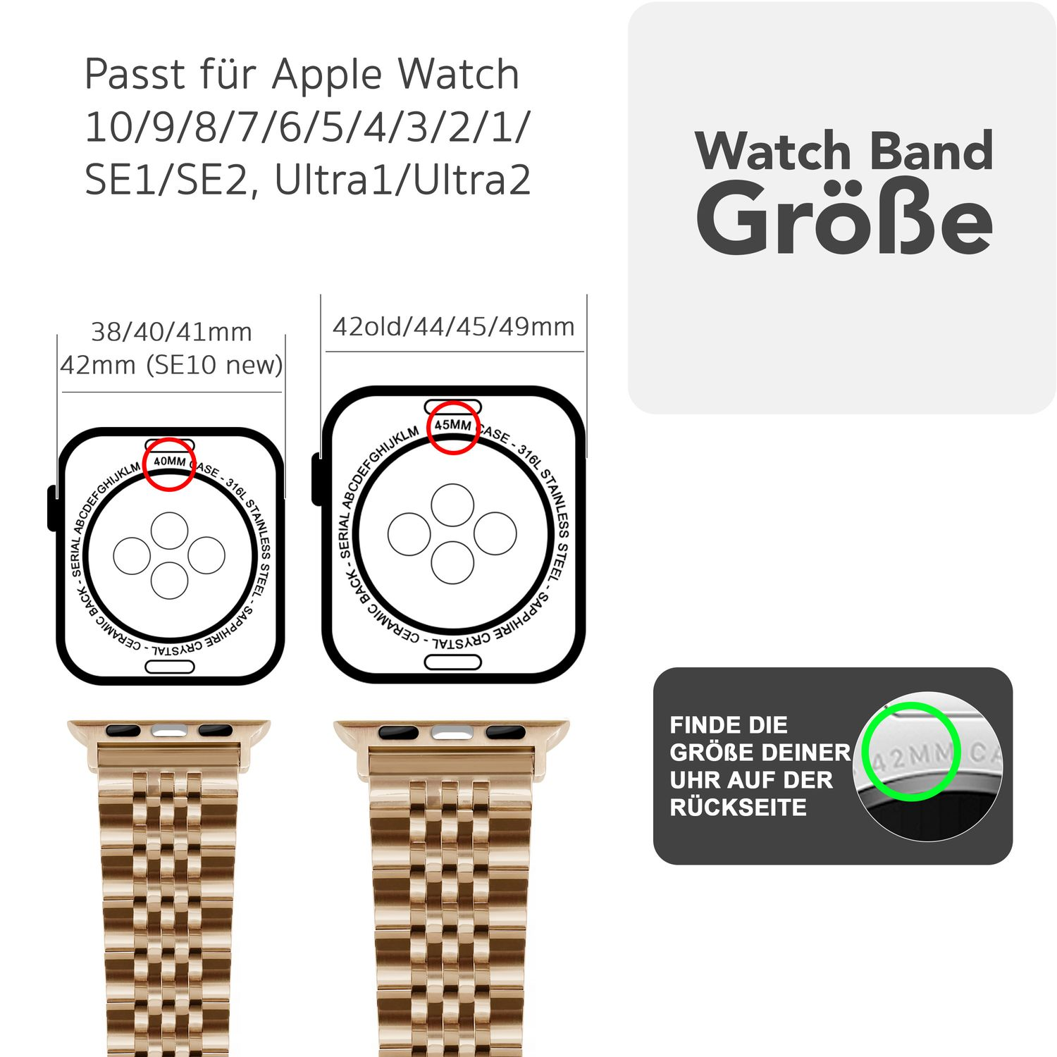 Armbandgrößen-Leitfaden für Apple Watch, zeigt verschiedene Größen und Abmessungen.