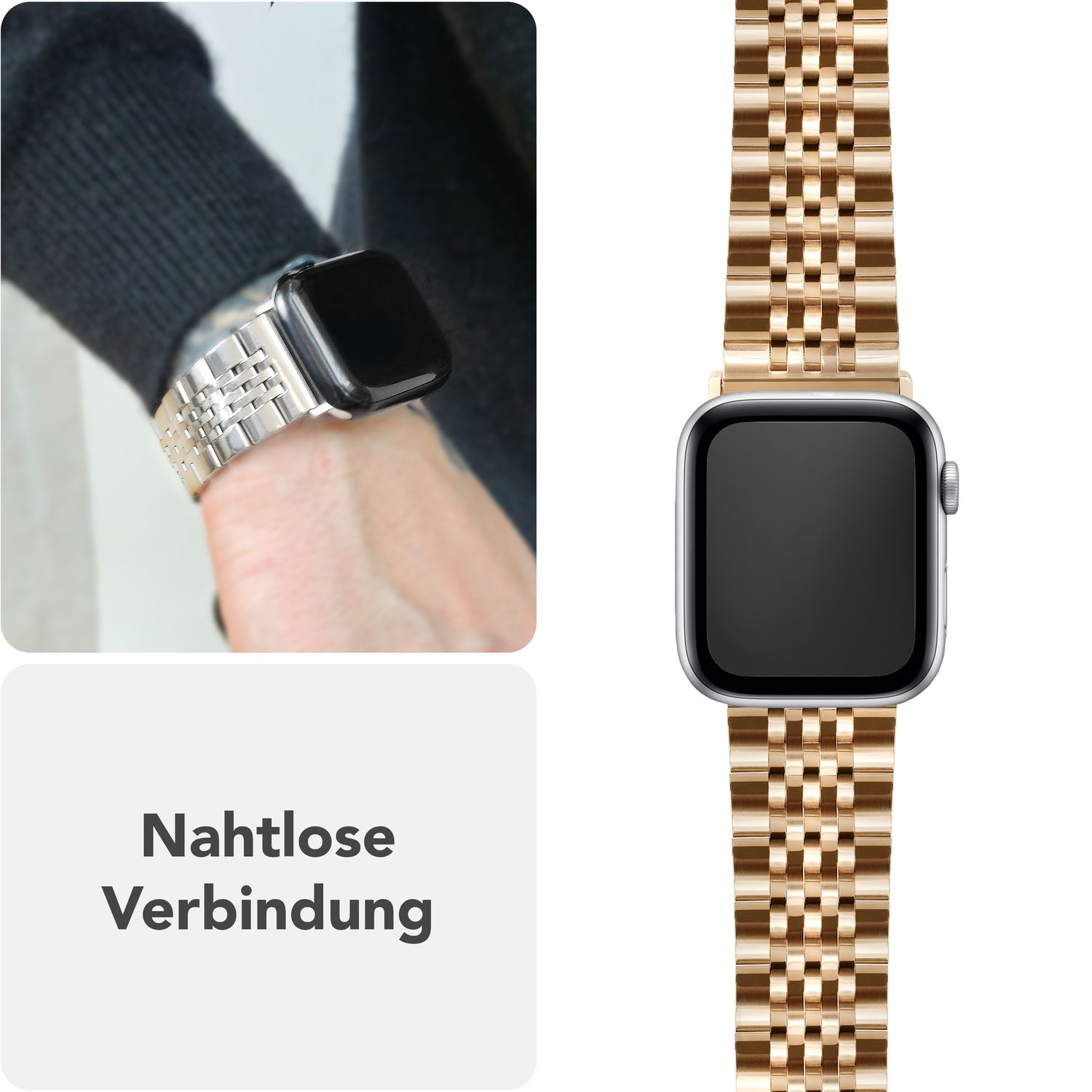 Goldenes Uhrenarmband am Handgelenk mit schwarzer Uhr.